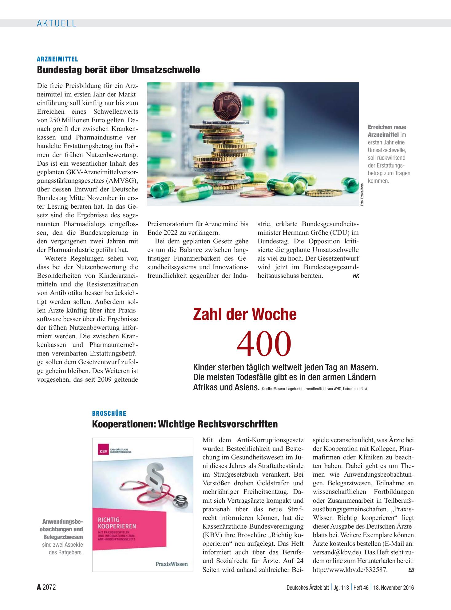Vorschauseite 1: Zahl der Woche 400 – Deutsches Ärzteblatt