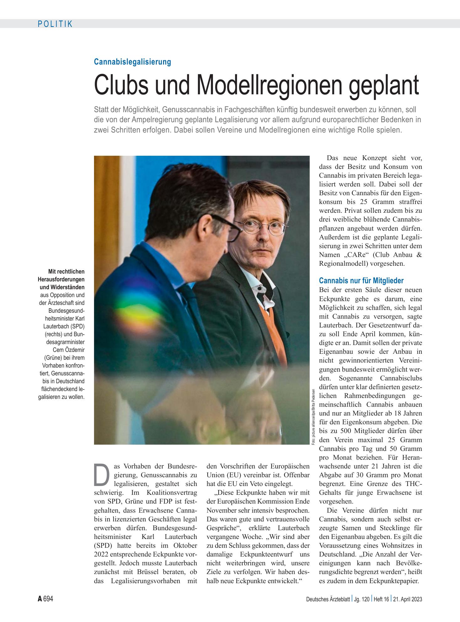 Vorschauseite 1: Cannabislegalisierung: Clubs und Modellregionen geplant – Deutsches Ärzteblatt