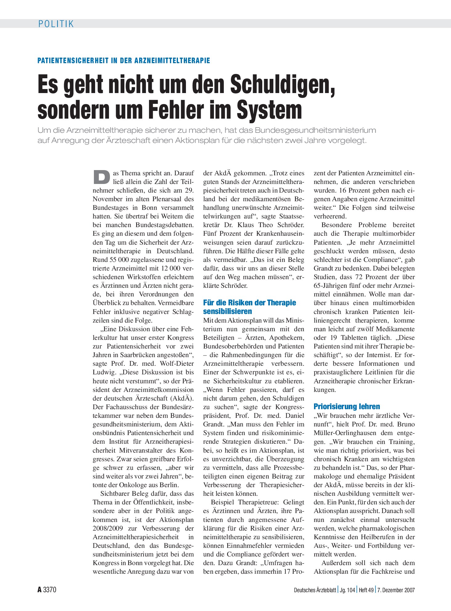 Vorschauseite 1: Patientensicherheit in der Arzneimitteltherapie: Es geht nicht um den Schuldigen, sondern um Fehler im System – Deutsches Ärzteblatt