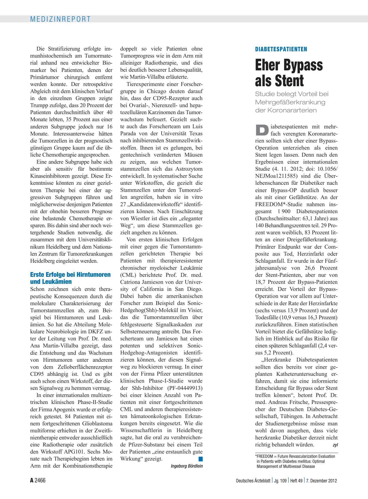 Vorschauseite 1: Diabetespatienten: Eher Bypass als Stent – Deutsches Ärzteblatt