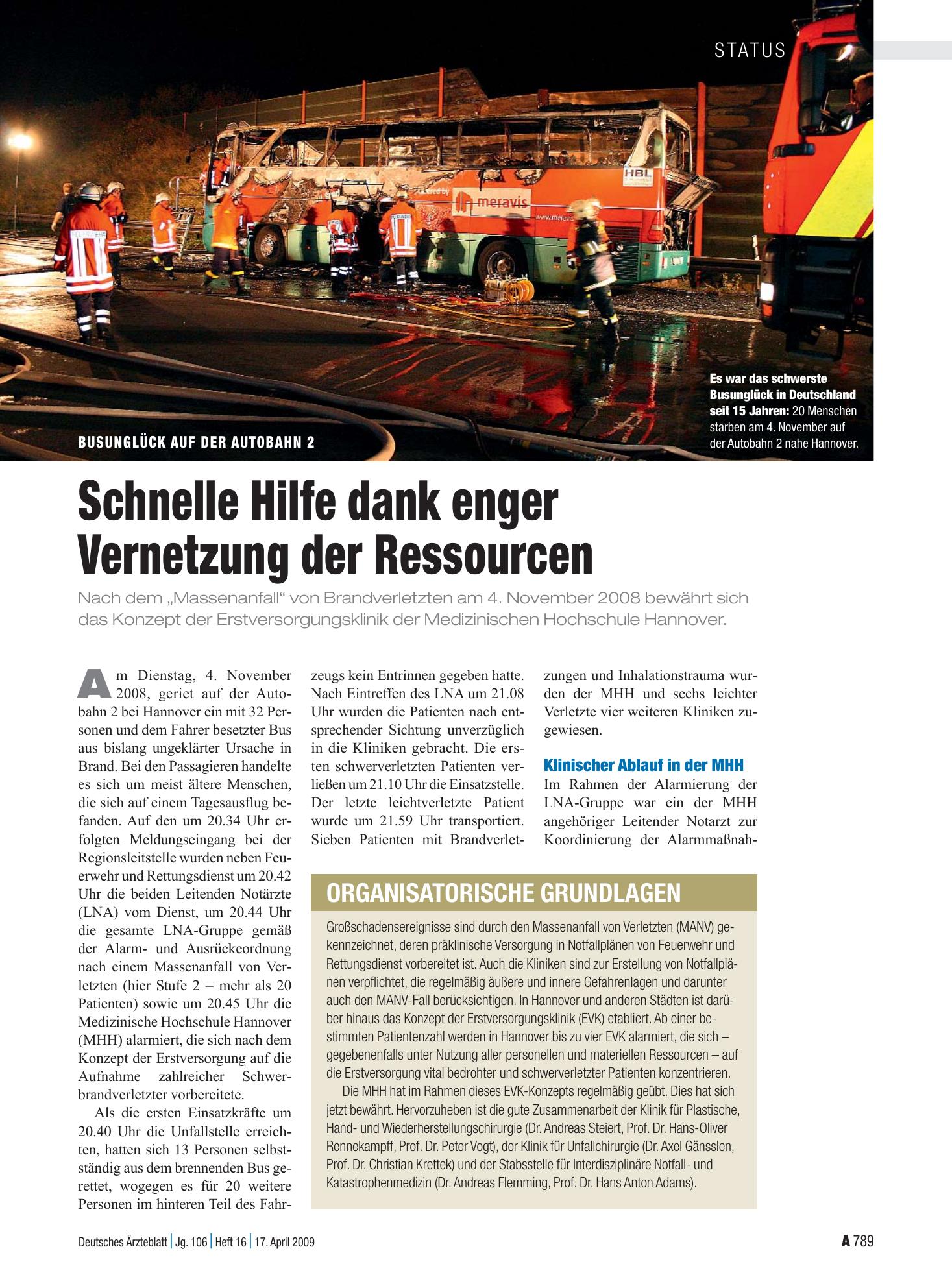 Vorschauseite 1: Busunglück auf der Autobahn 2: Schnelle Hilfe dank enger Vernetzung der Ressourcen – Deutsches Ärzteblatt