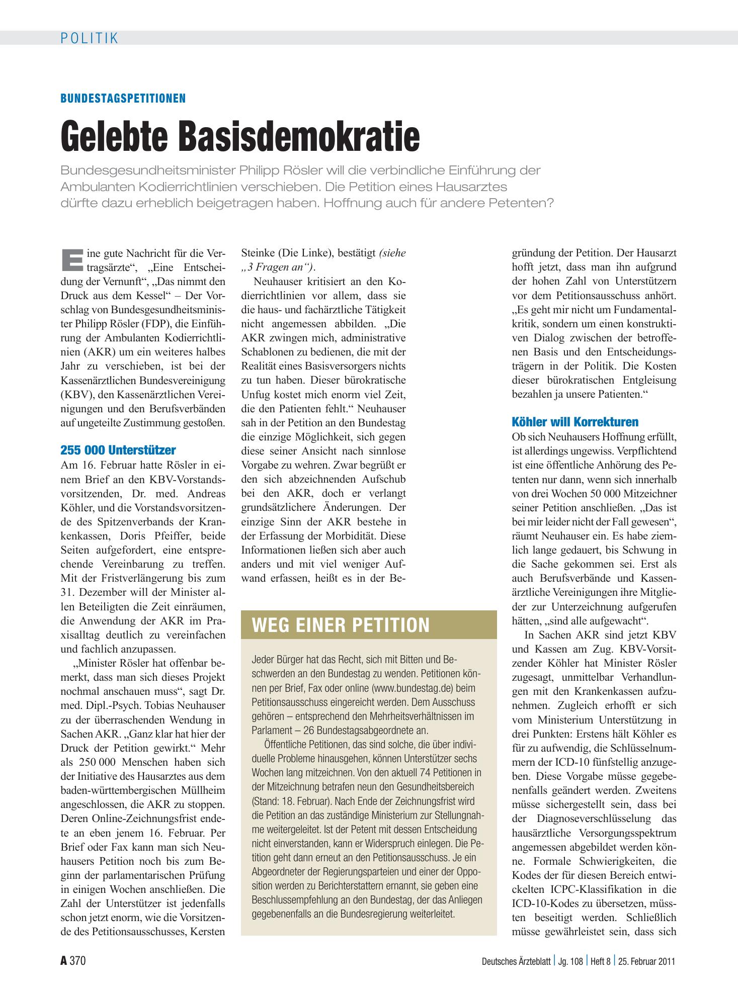 Vorschauseite 1: Bundestagspetitionen: Gelebte Basisdemokratie – Deutsches Ärzteblatt