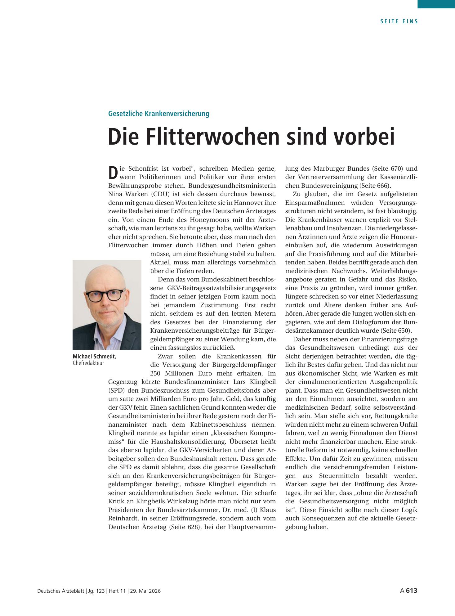 Vorschauseite 1: Gesetzliche Krankenversicherung: Die Flitterwochen sind vorbei – Deutsches Ärzteblatt