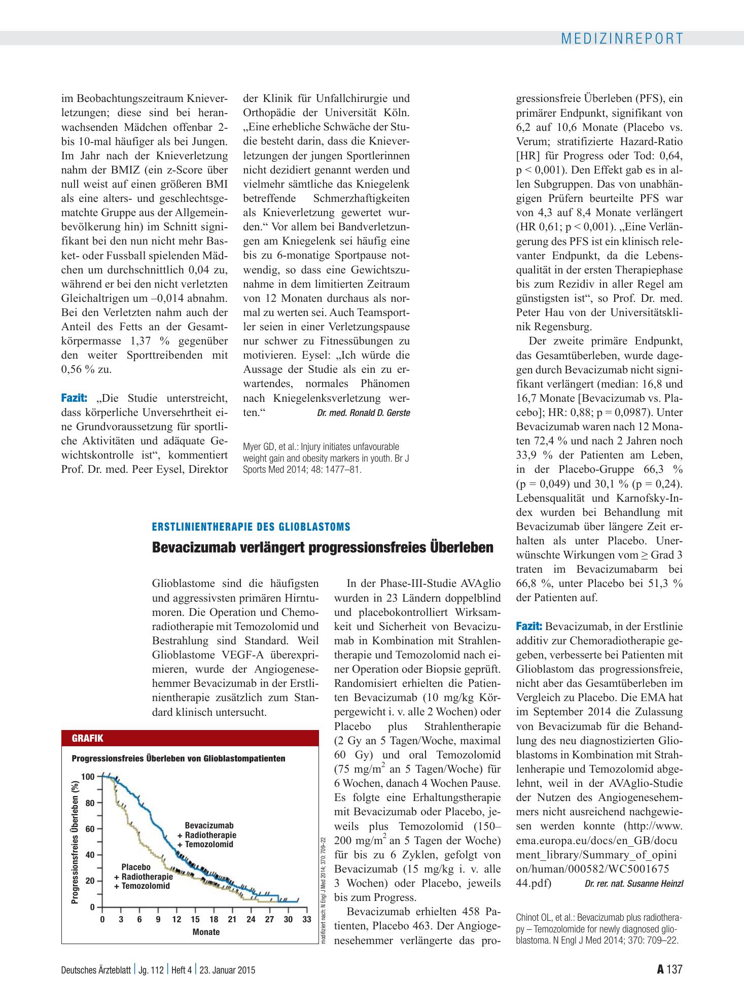 Vorschauseite 1: Erstlinientherapie des Glioblastoms: Bevacizumab verlängert progressionsfreies Überleben – Deutsches Ärzteblatt