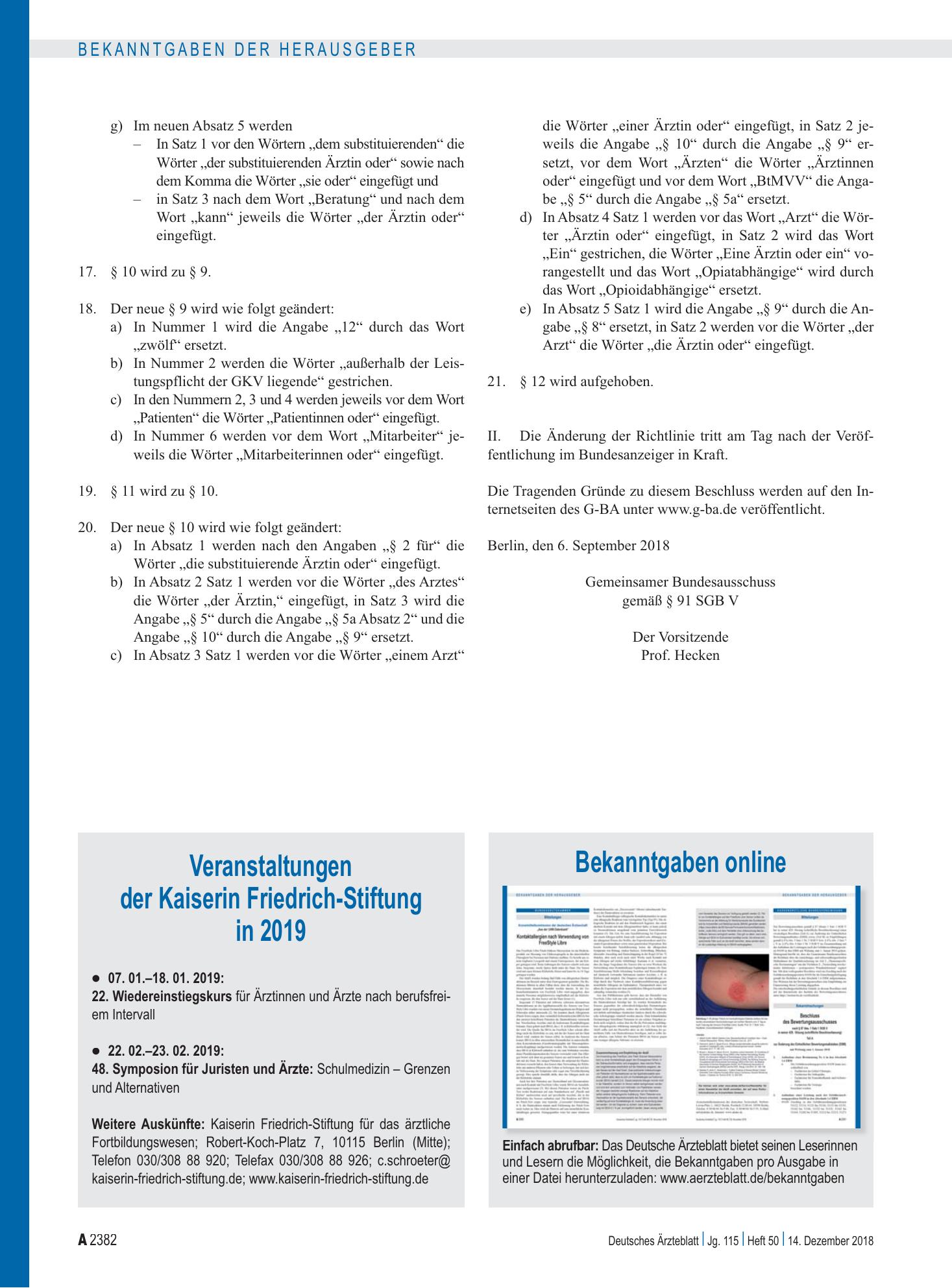 Vorschauseite 1: Bekanntgaben online – Deutsches Ärzteblatt