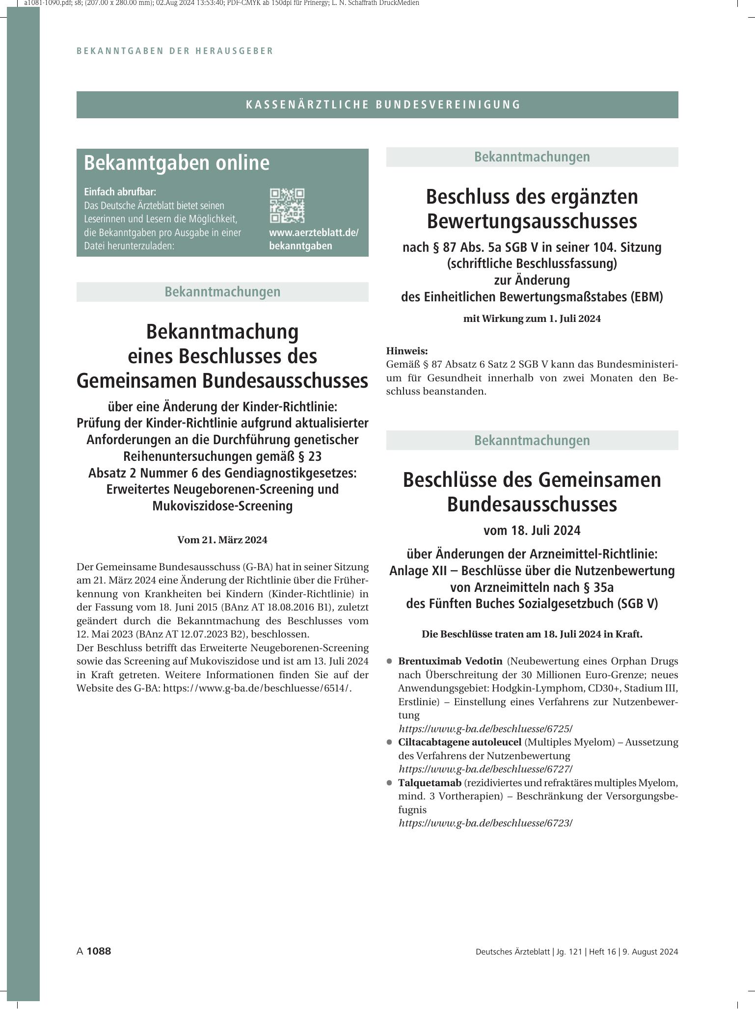 Vorschauseite 1: Bekanntmachung eines Beschlusses des Gemeinsamen Bundesausschusses über eine Änderung der Kinder-Richtlinie – Deutsches Ärzteblatt