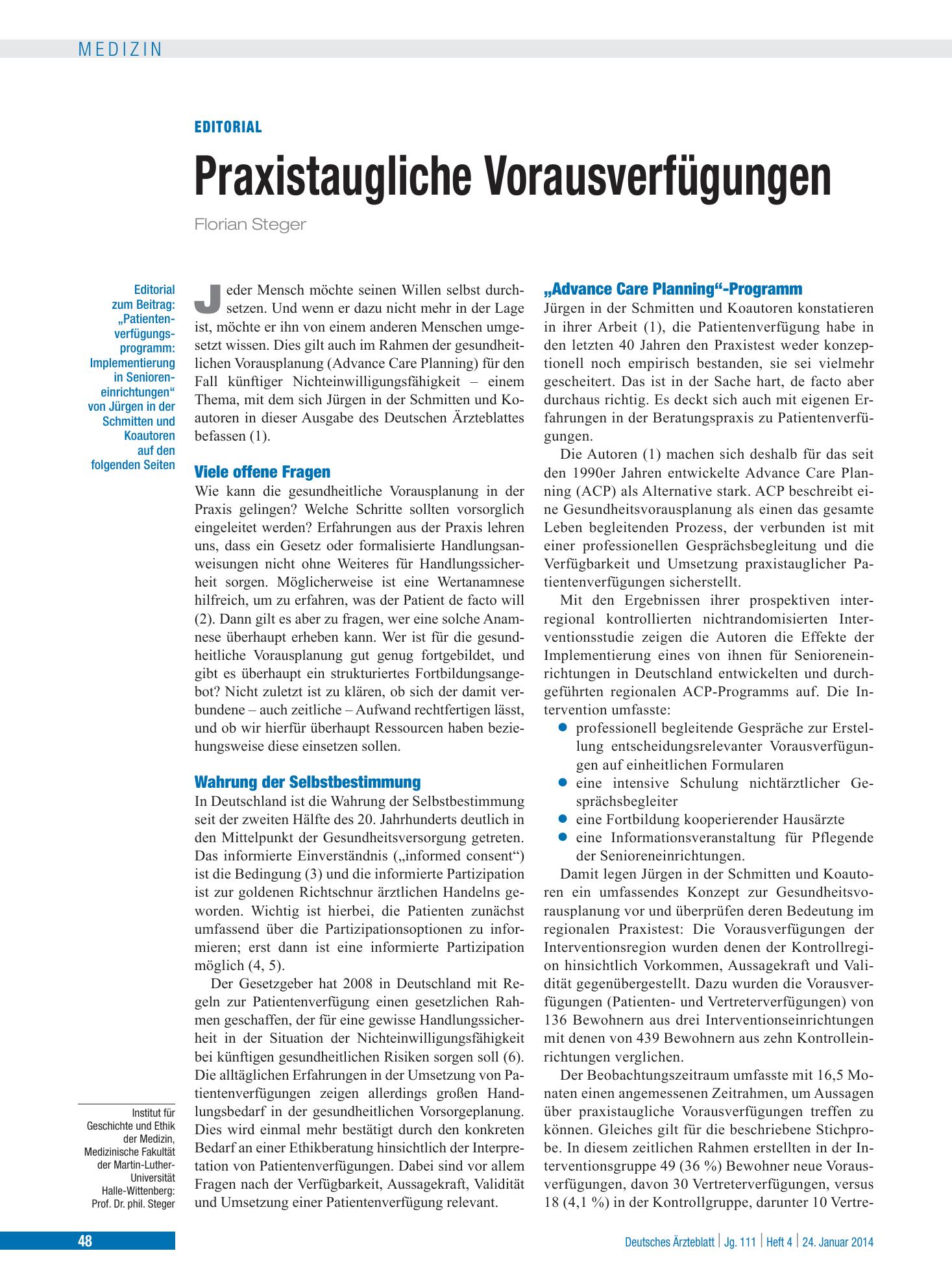 Vorschauseite 1: Praxistaugliche Vorausverfügungen – Deutsches Ärzteblatt