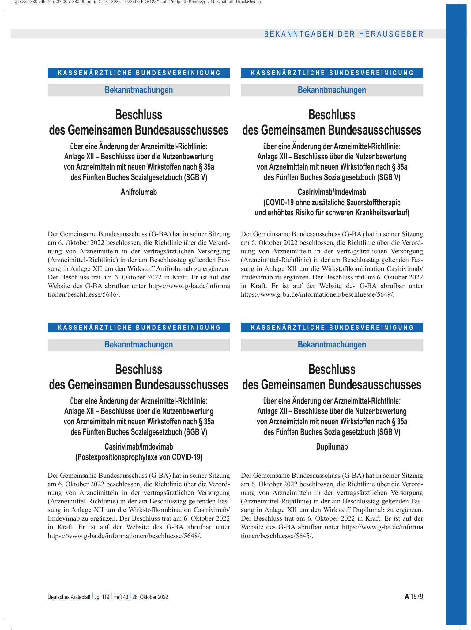 Vorschauseite 1: Beschluss des Gemeinsamen Bundesausschusses über eine Änderung der Arzneimittel-Richtlinie: Anlage XII – Casirivimab/Imdevimab (COVID-19 ohne zusätzliche Sauerstofftherapie und er…