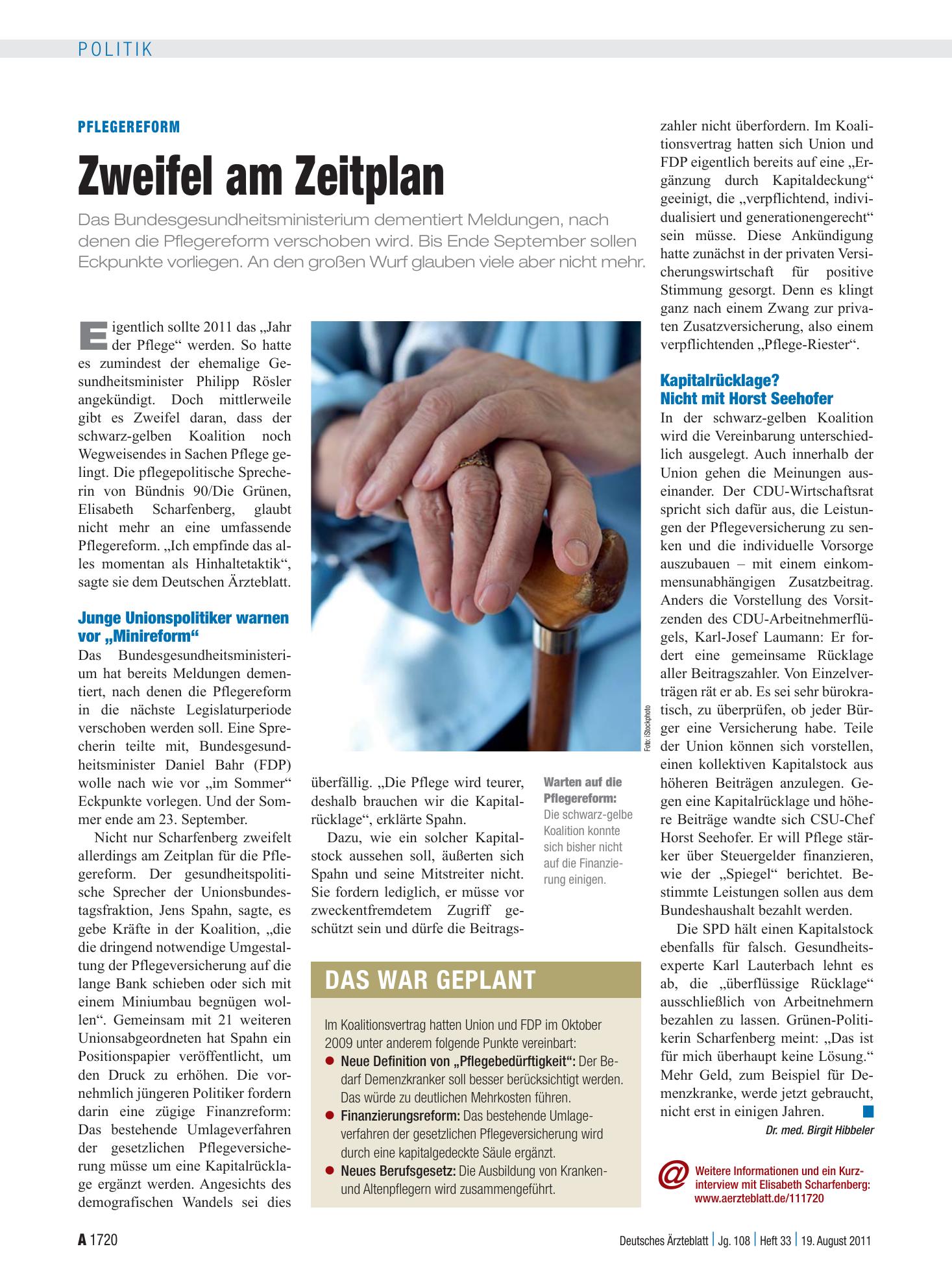 Vorschauseite 1: Pflegereform: Zweifel am Zeitplan – Deutsches Ärzteblatt