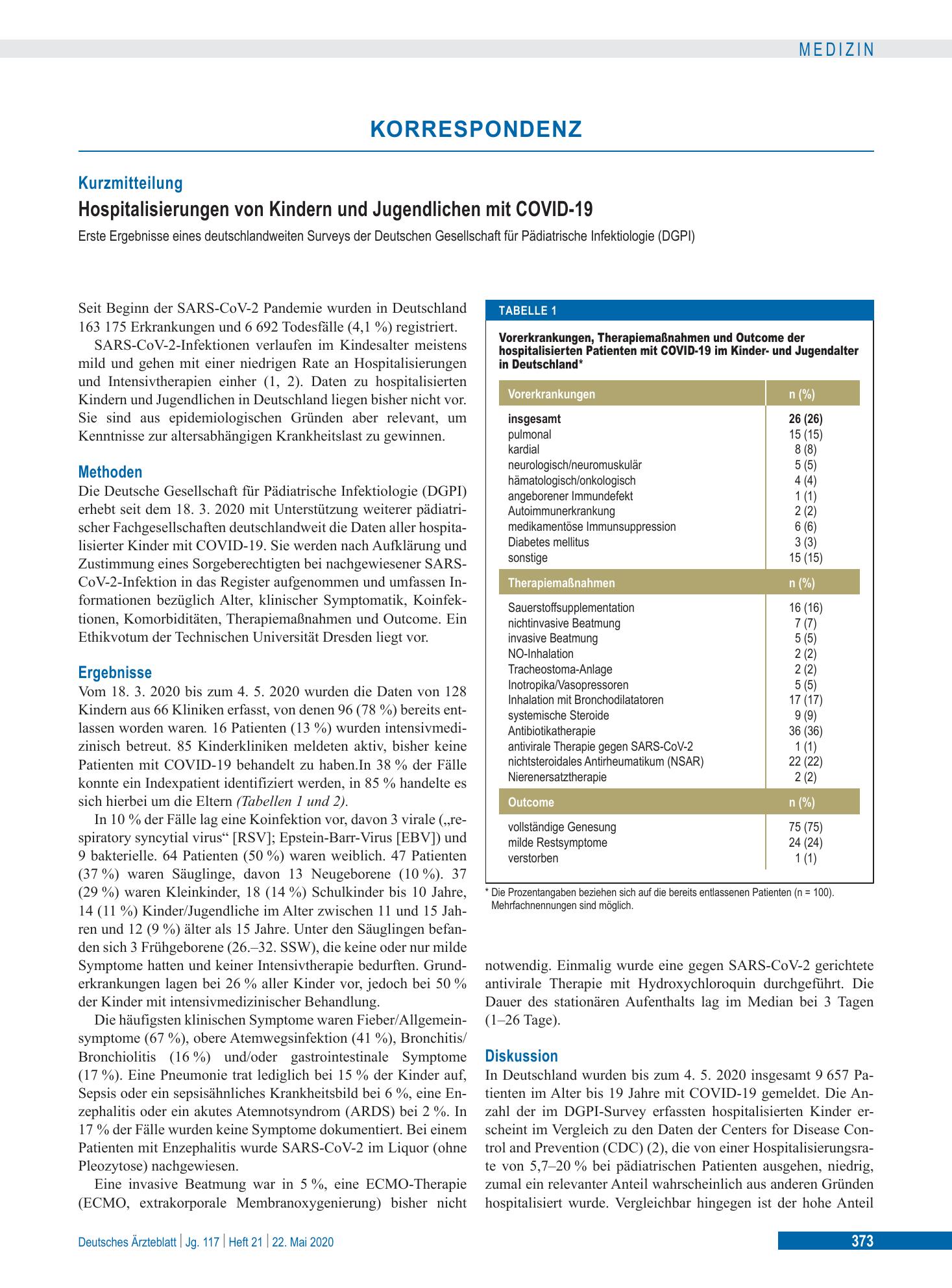 Vorschauseite 1: Hospitalisierungen von Kindern und Jugendlichen mit COVID-19 – Deutsches Ärzteblatt