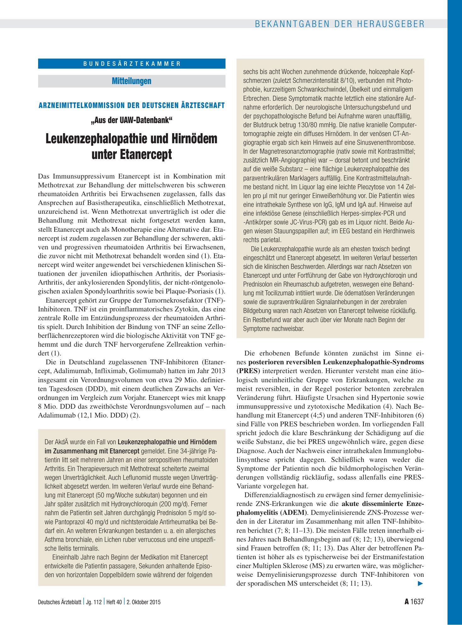 Vorschauseite 1: Arzneimittelkommission der Deutschen Ärzteschaft: „Aus der UAW-Datenbank“ Leukenzephalopathie und Hirnödem unter Etanercept – Deutsches Ärzteblatt