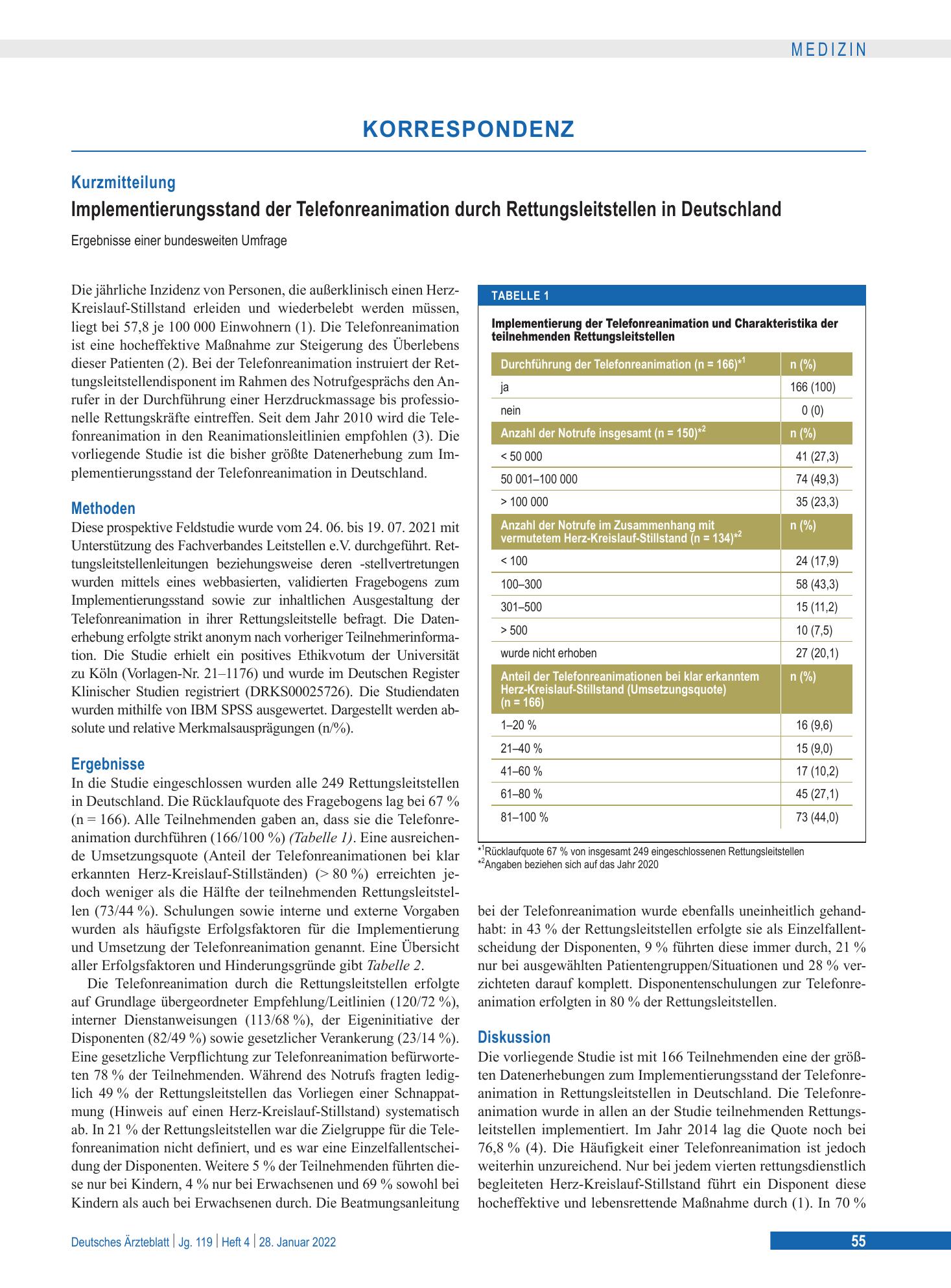 Vorschauseite 1: Implementierungsstand der Telefonreanimation durch Rettungsleitstellen in Deutschland – Deutsches Ärzteblatt