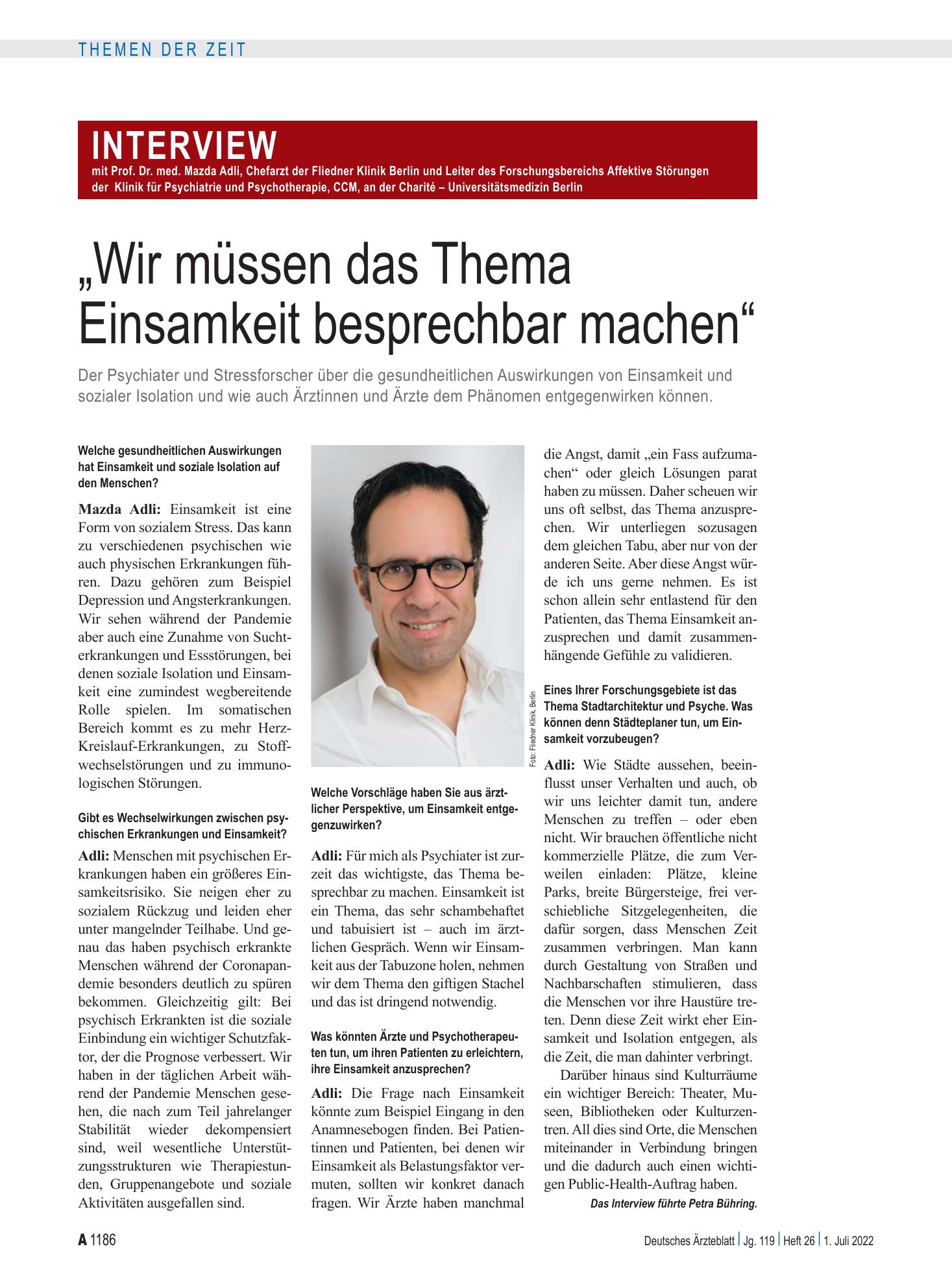 Vorschauseite 1: Interview mit Prof. Dr. med. Mazda Adli, Chefarzt der Fliedner Klinik Berlin und Leiter des Forschungsbereichs Affektive Störungen der Klinik für Psychiatrie und Psychotherapie, C…