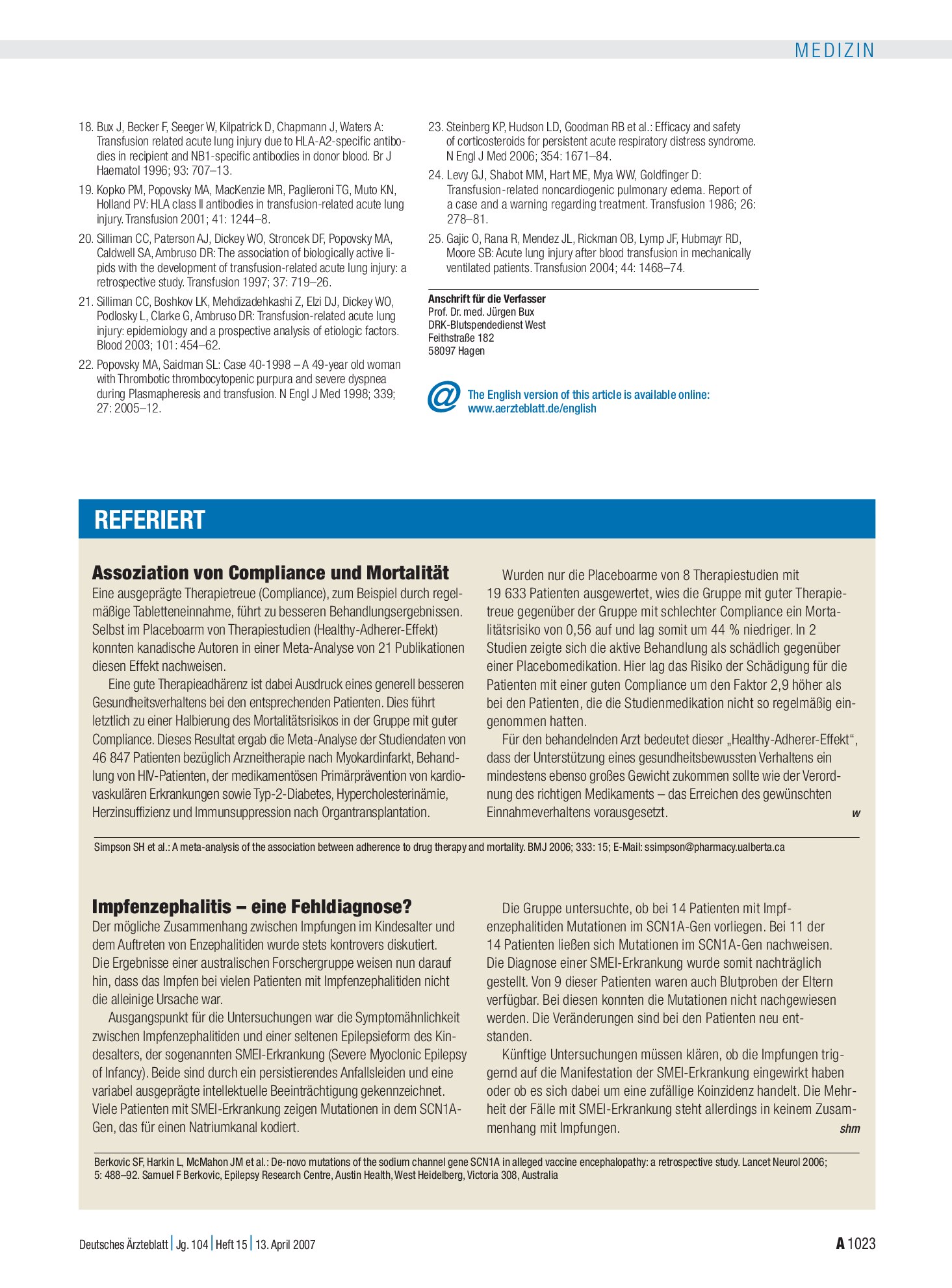 Vorschauseite 1: Assoziation von Compliance und Mortalität – Deutsches Ärzteblatt