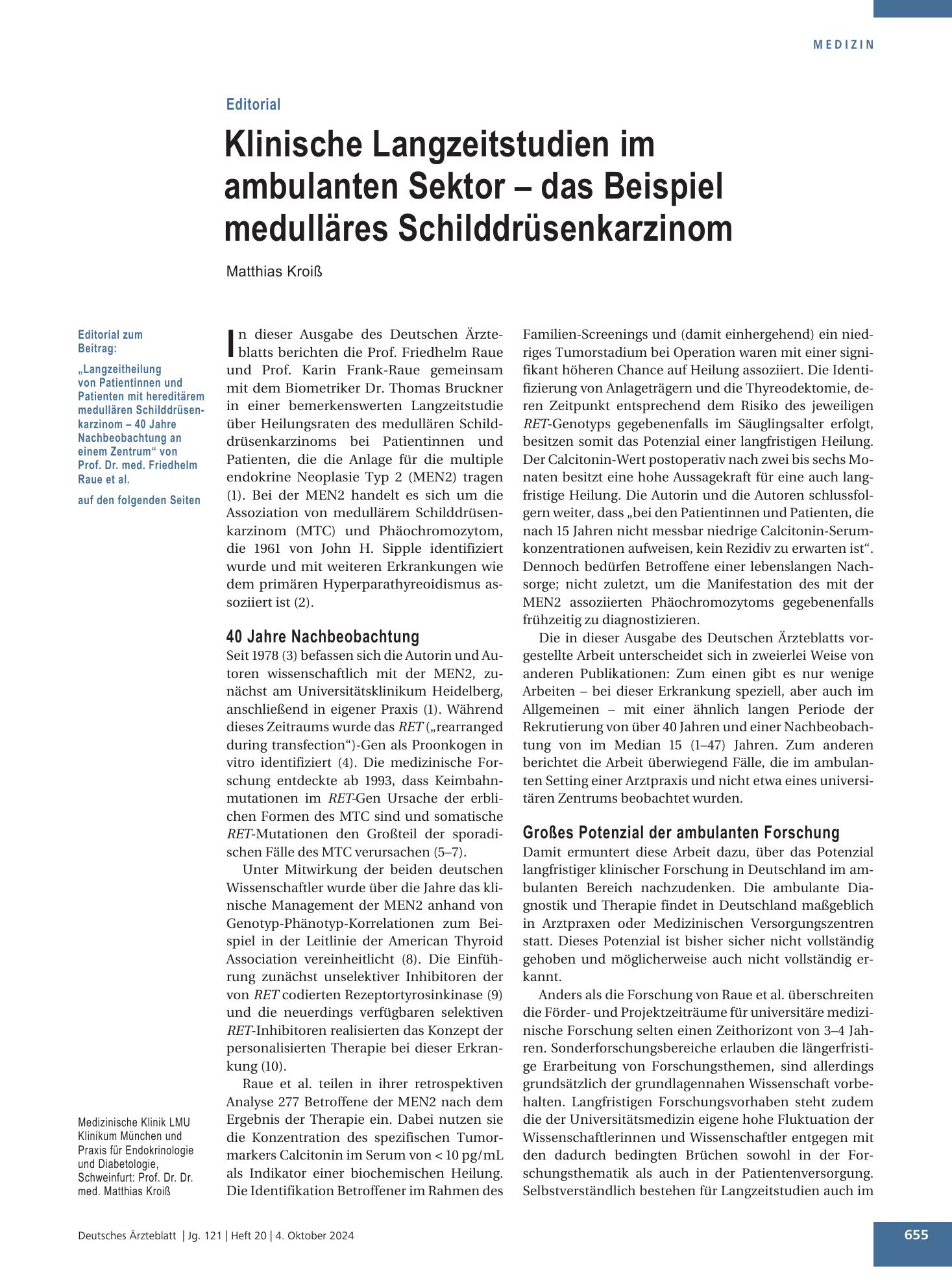 Vorschauseite 1: Langzeitheilung von Patientinnen und Patienten mit hereditärem medullären Schilddrüsenkarzinom – Deutsches Ärzteblatt