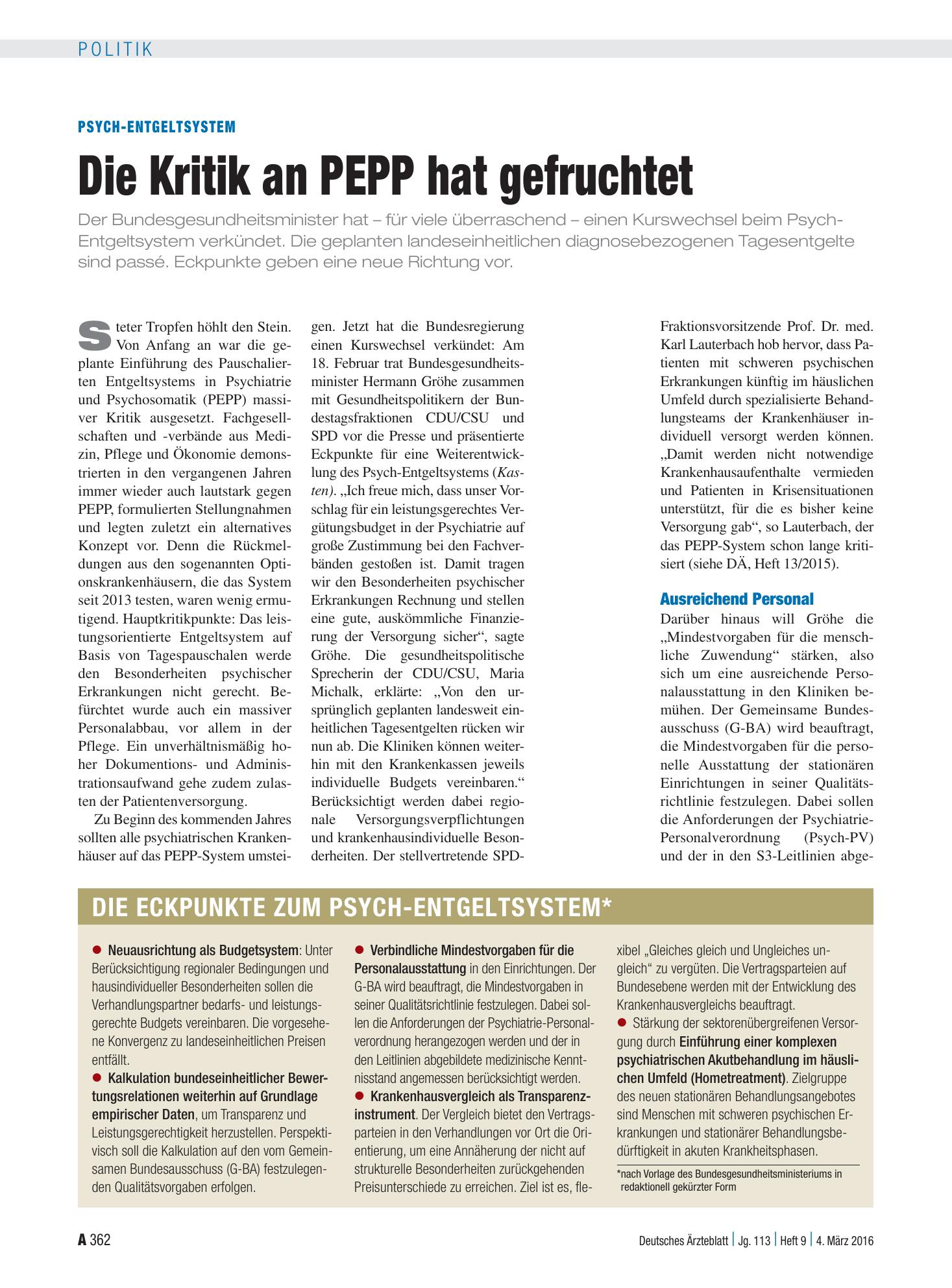 Vorschauseite 1: Psych-Entgeltsystem: Die Kritik an PEPP hat gefruchtet – Deutsches Ärzteblatt