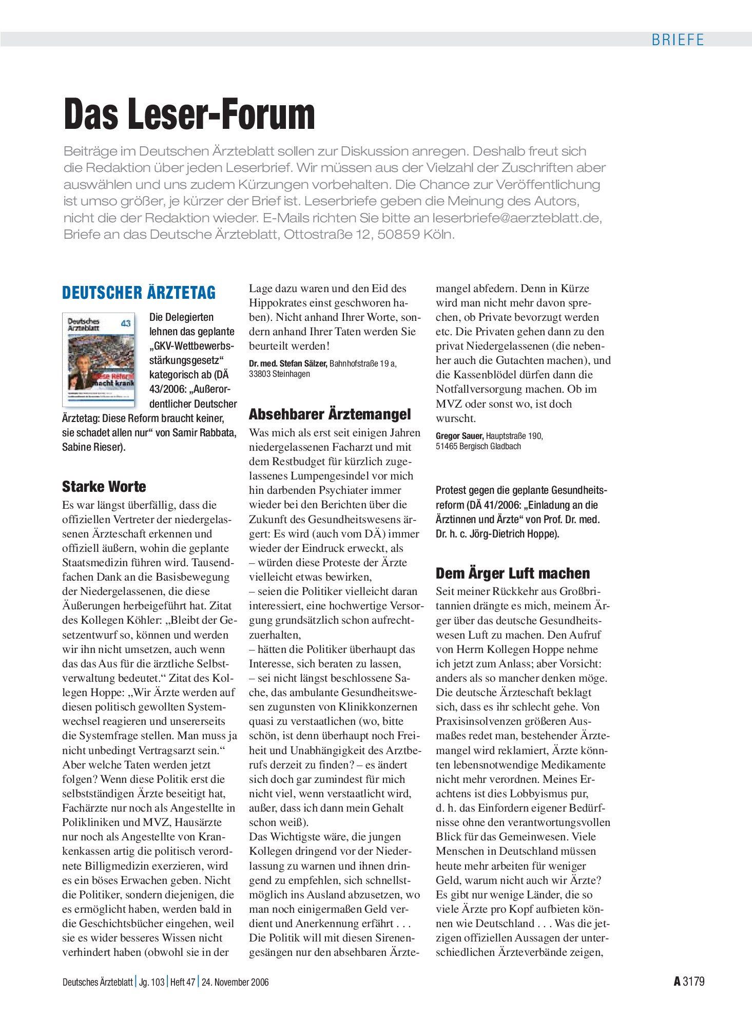 Vorschauseite 1: Das Leser-Forum – Deutsches Ärzteblatt