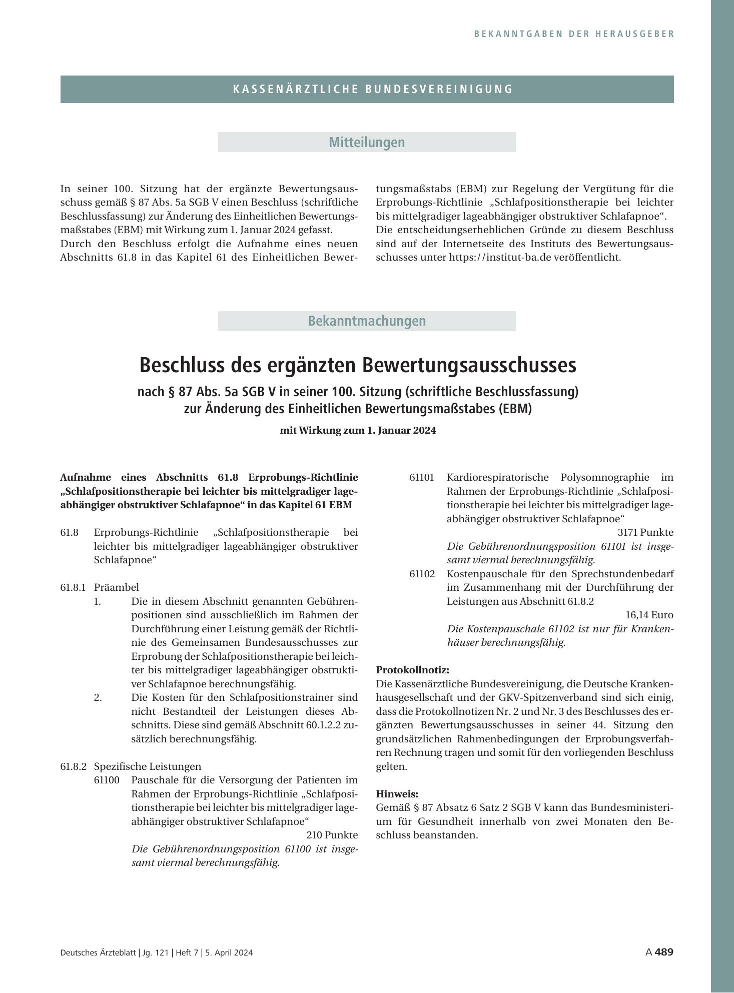 Vorschauseite 1: Beschluss des ergänzten Bewertungsausschusses nach § 87 Abs. 5a SGB V in seiner 100. Sitzung (schriftliche Beschlussfassung) zur Änderung des Einheitlichen Bewertungsmaßstabes (EB…