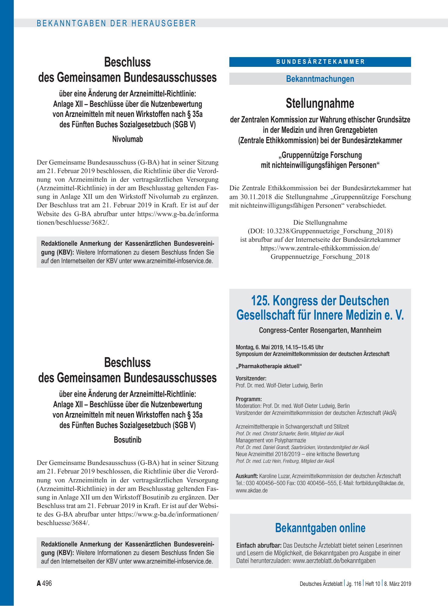 Vorschauseite 1: Bekanntgaben online – Deutsches Ärzteblatt