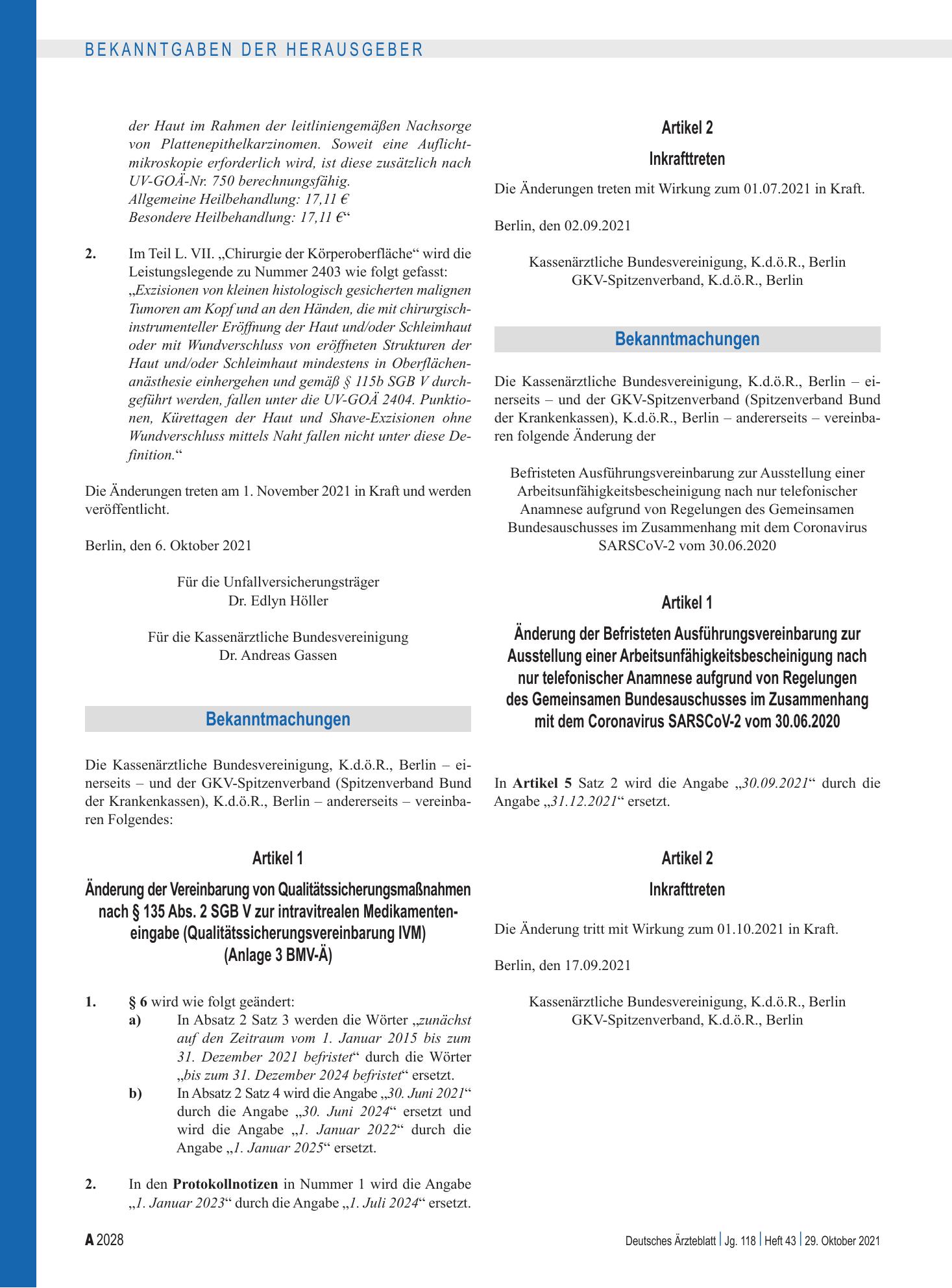 Vorschauseite 1: Änderung der Befristeten Ausführungsvereinbarung zur Ausstellung einer Arbeitsunfähigkeitsbescheinigung nach nur telefonischer Anamnese aufgrund von Regelungen des Gemeinsamen Bun…