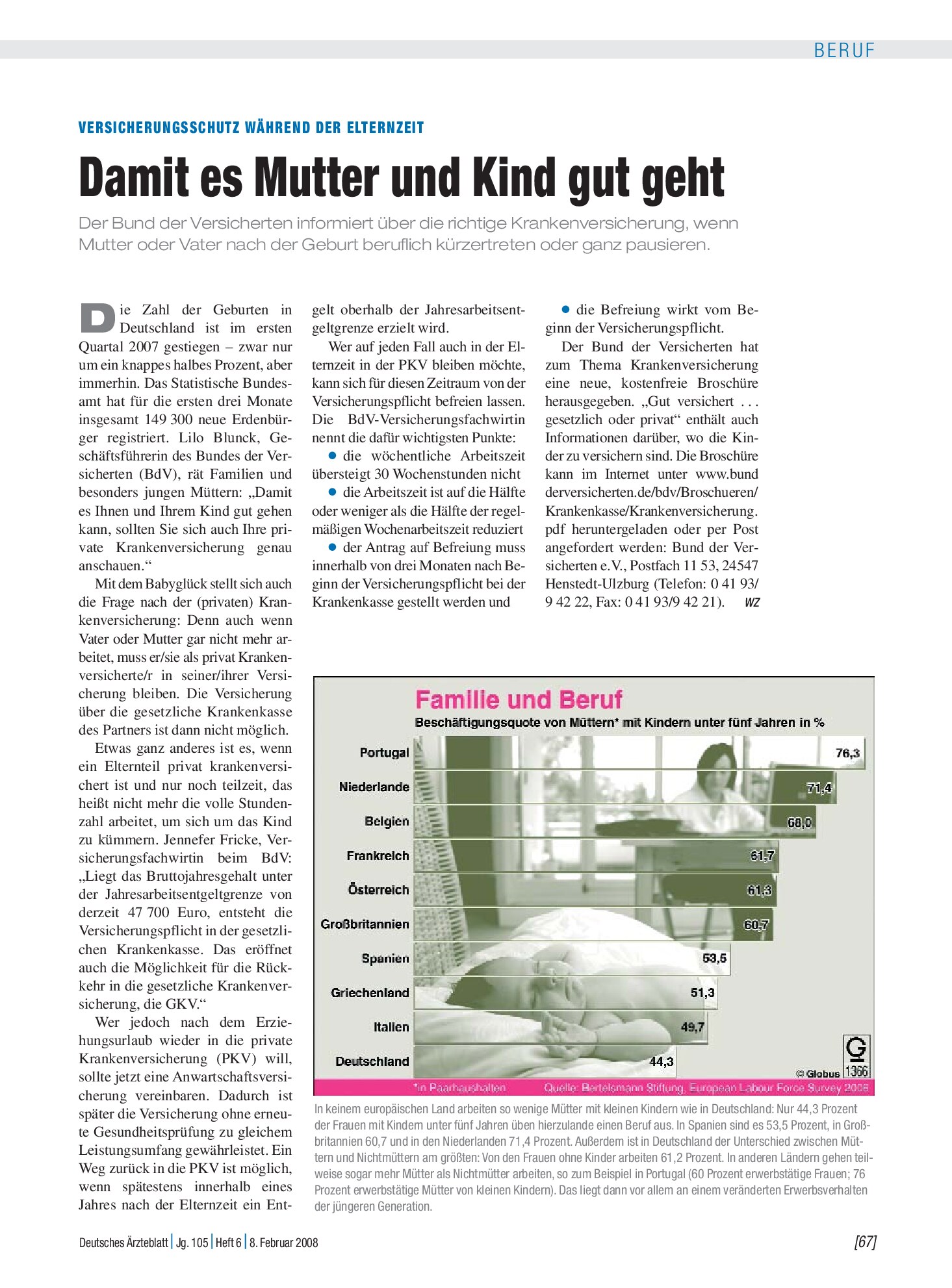Vorschauseite 1: Versicherungsschutz während der Elternzeit: Damit es Mutter und Kind gut geht – Deutsches Ärzteblatt