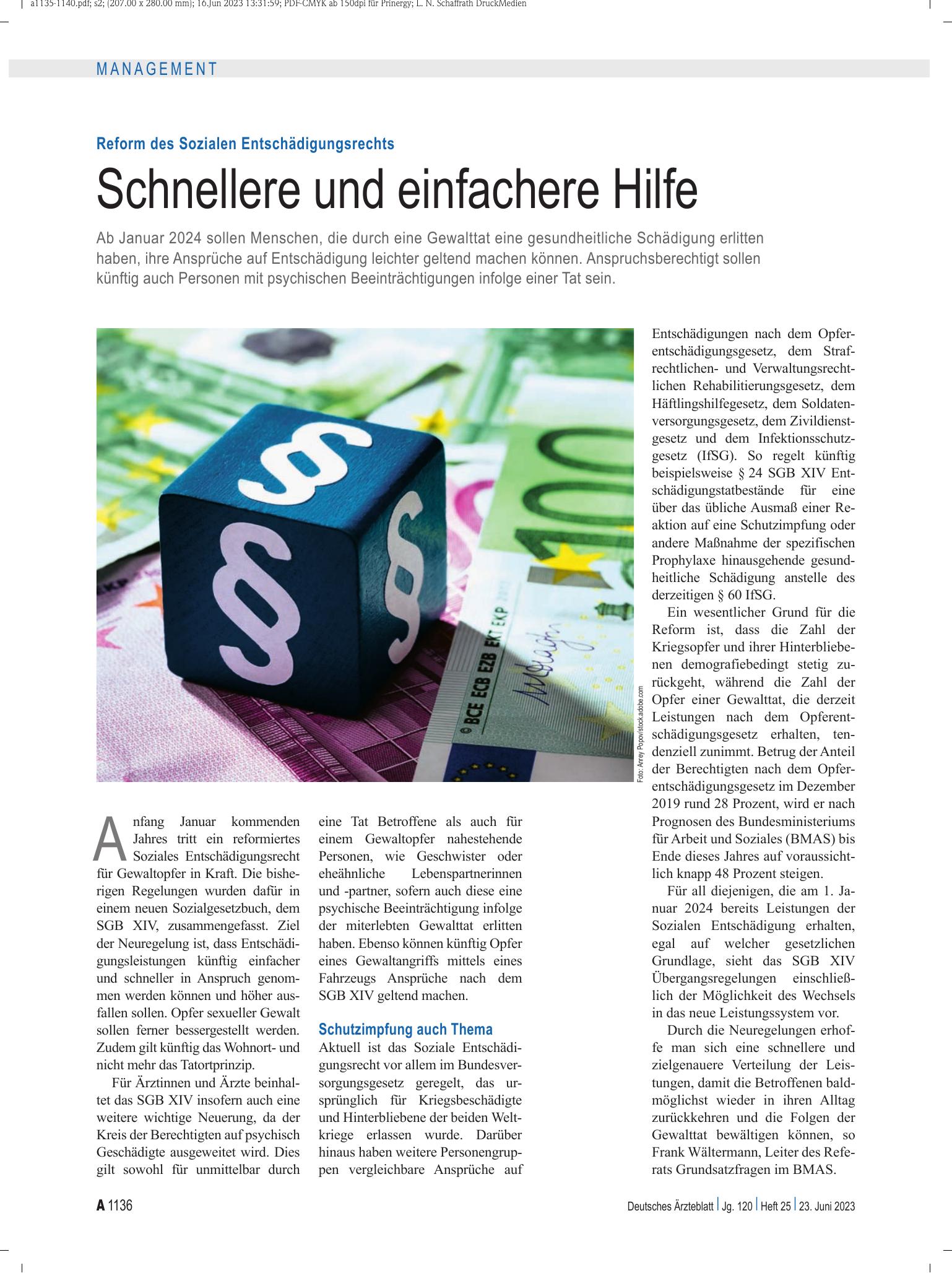 Vorschauseite 1: Reform des Sozialen Entschädigungsrechts: Schnellere und einfachere Hilfe – Deutsches Ärzteblatt