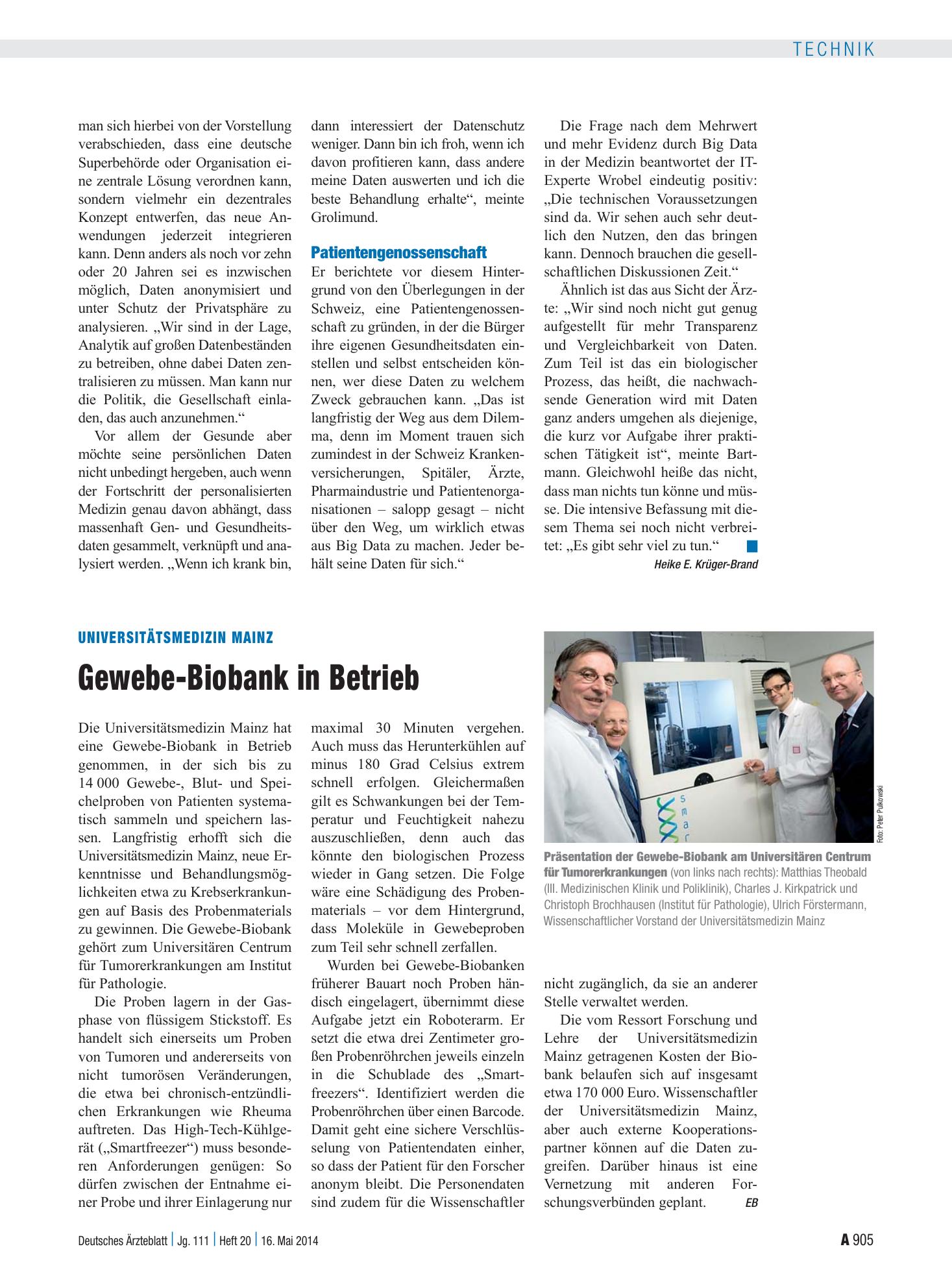 Vorschauseite 1: Universitätsmedizin Mainz: Gewebe-Biobank in Betrieb – Deutsches Ärzteblatt