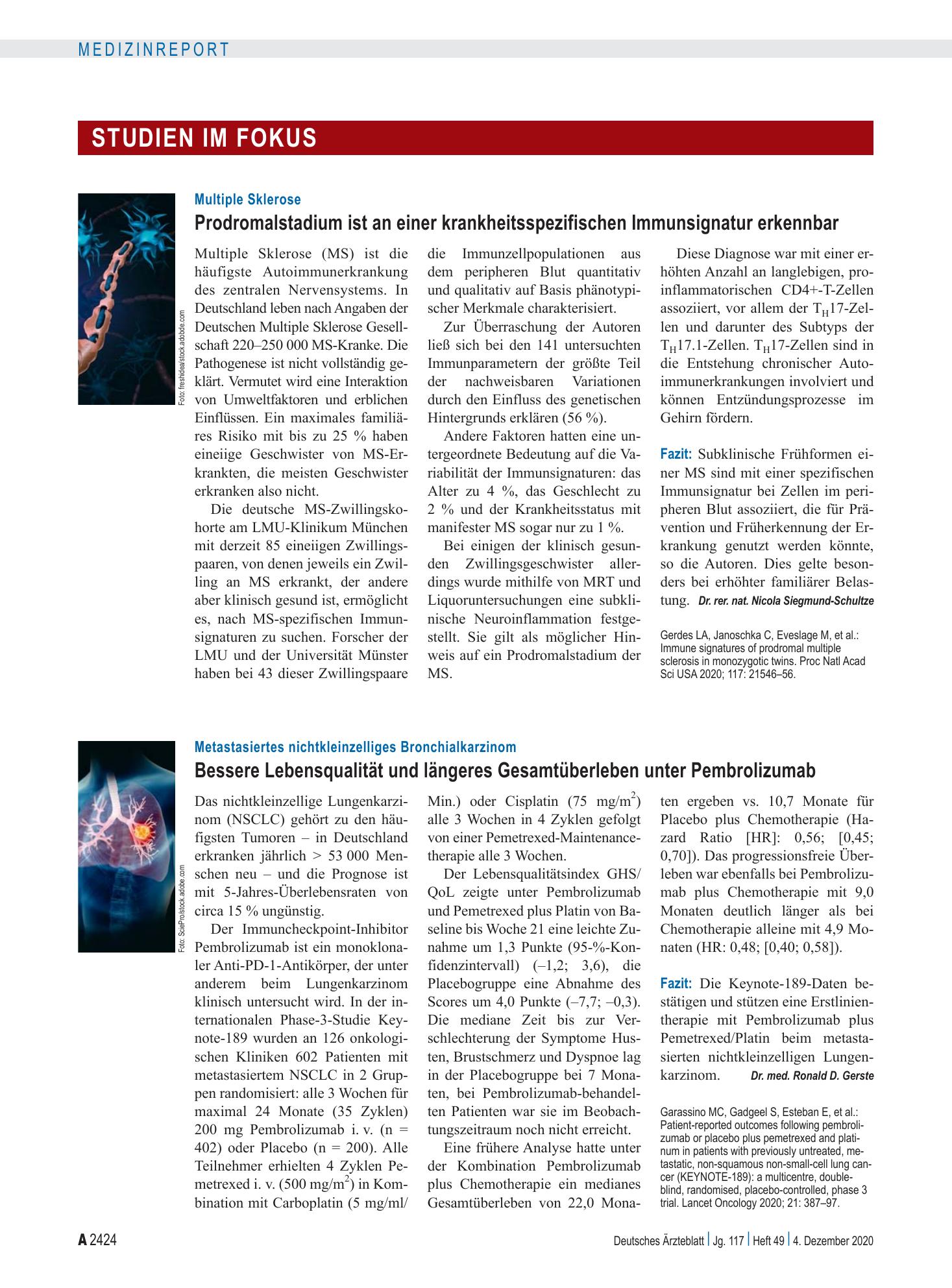 Vorschauseite 1: Multiple Sklerose: Prodromalstadium ist an einer krankheitsspezifischen Immunsignatur erkennbar – Deutsches Ärzteblatt