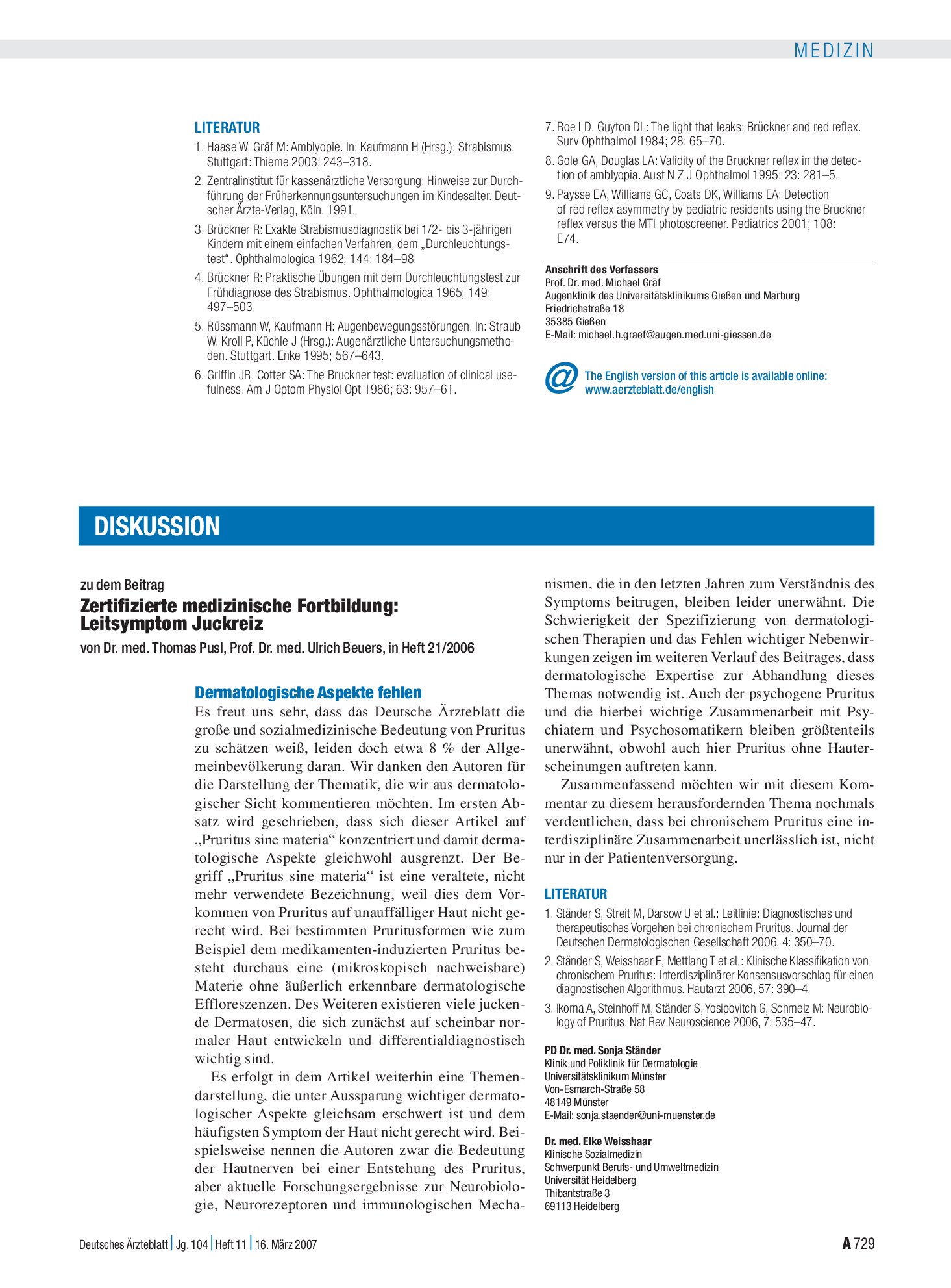 Vorschauseite 1: Zertifizierte medizinische Fortbildung – Leitsymptom Juckreiz: Dermatologische Aspekte fehlen – Deutsches Ärzteblatt