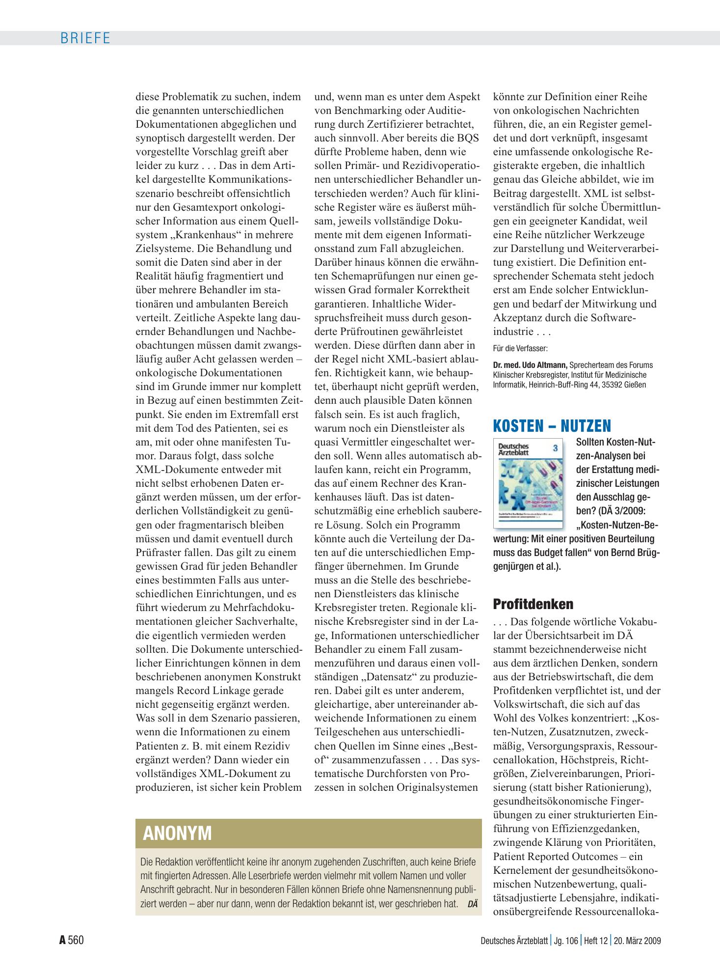 Vorschauseite 1: Kosten – Nutzen: Profitdenken – Deutsches Ärzteblatt
