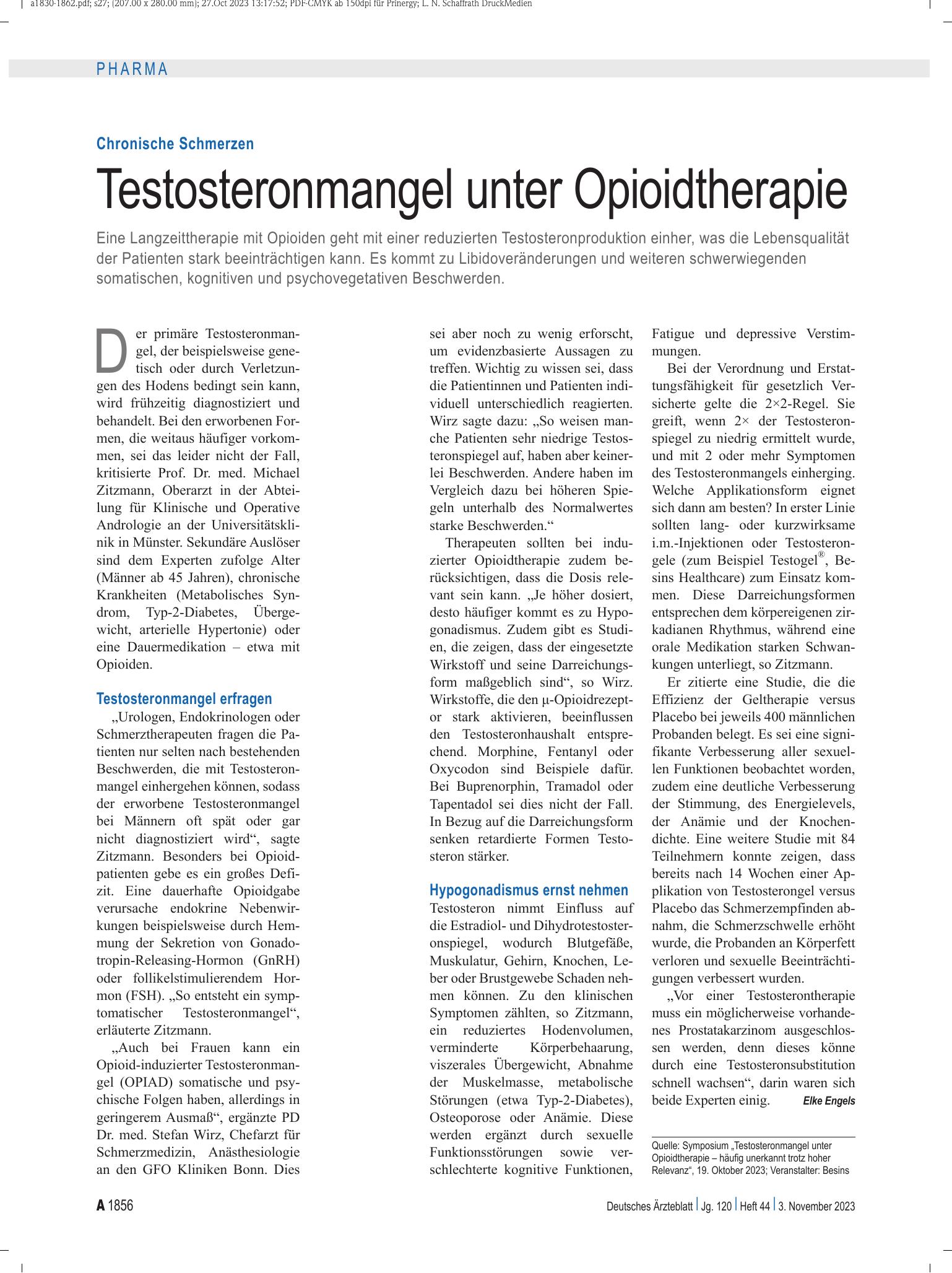 Vorschauseite 1: Chronische Schmerzen: Testosteronmangel unter Opioidtherapie – Deutsches Ärzteblatt