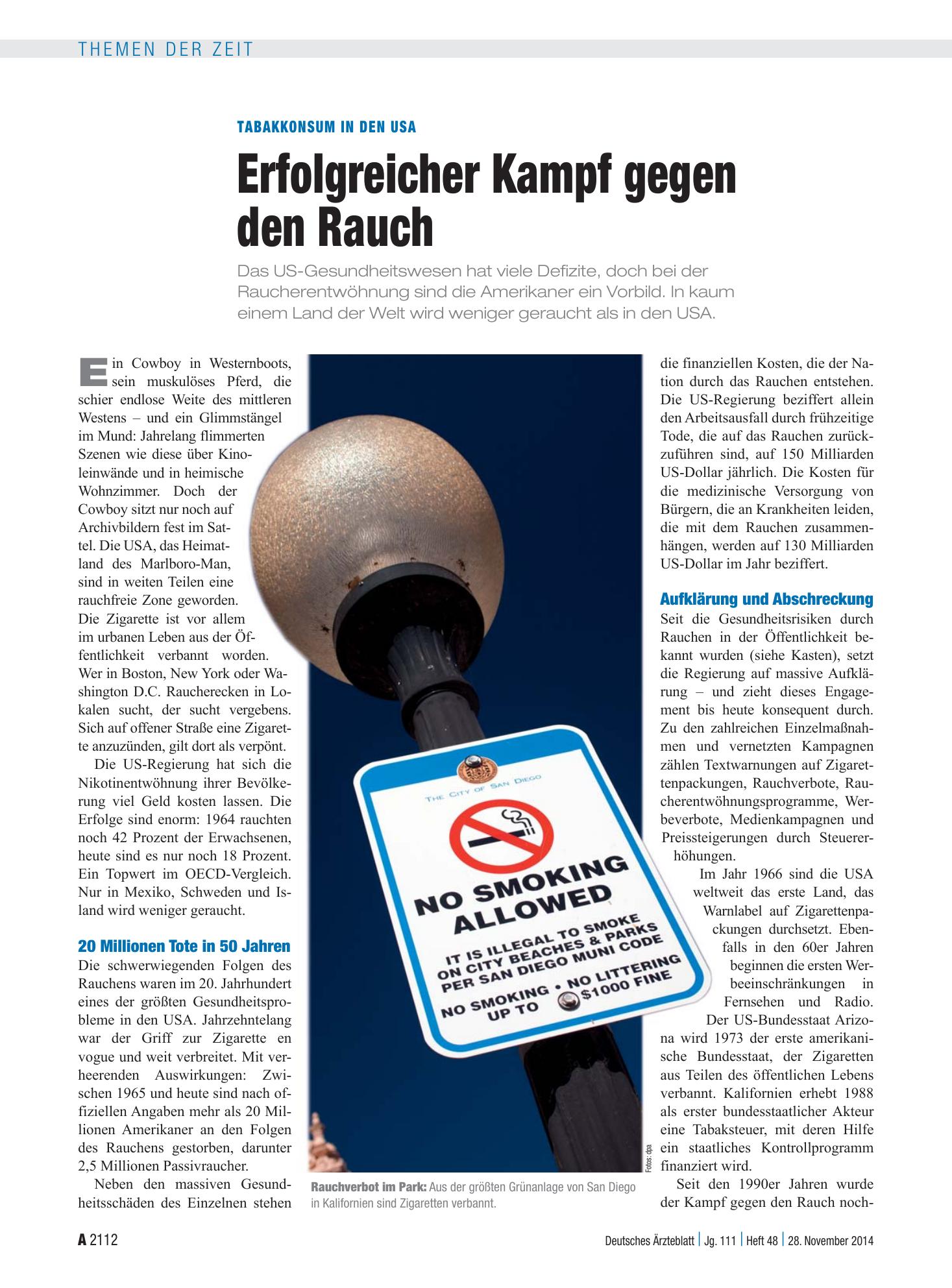 Vorschauseite 1: Tabakkonsum in den USA: Erfolgreicher Kampf gegen den Rauch – Deutsches Ärzteblatt