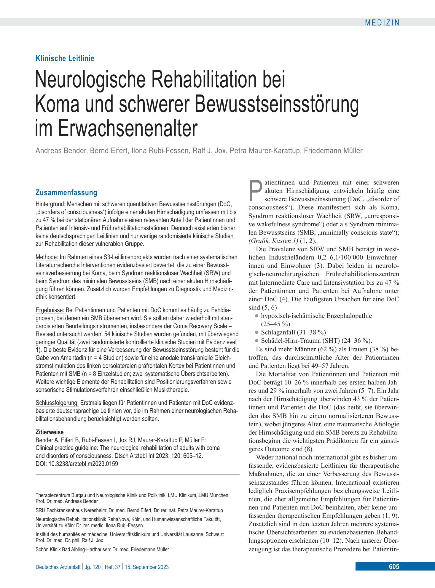 Vorschauseite 1: Neurologische Rehabilitation bei Koma und schwerer Bewusstseinsstörung im Erwachsenenalter – Deutsches Ärzteblatt