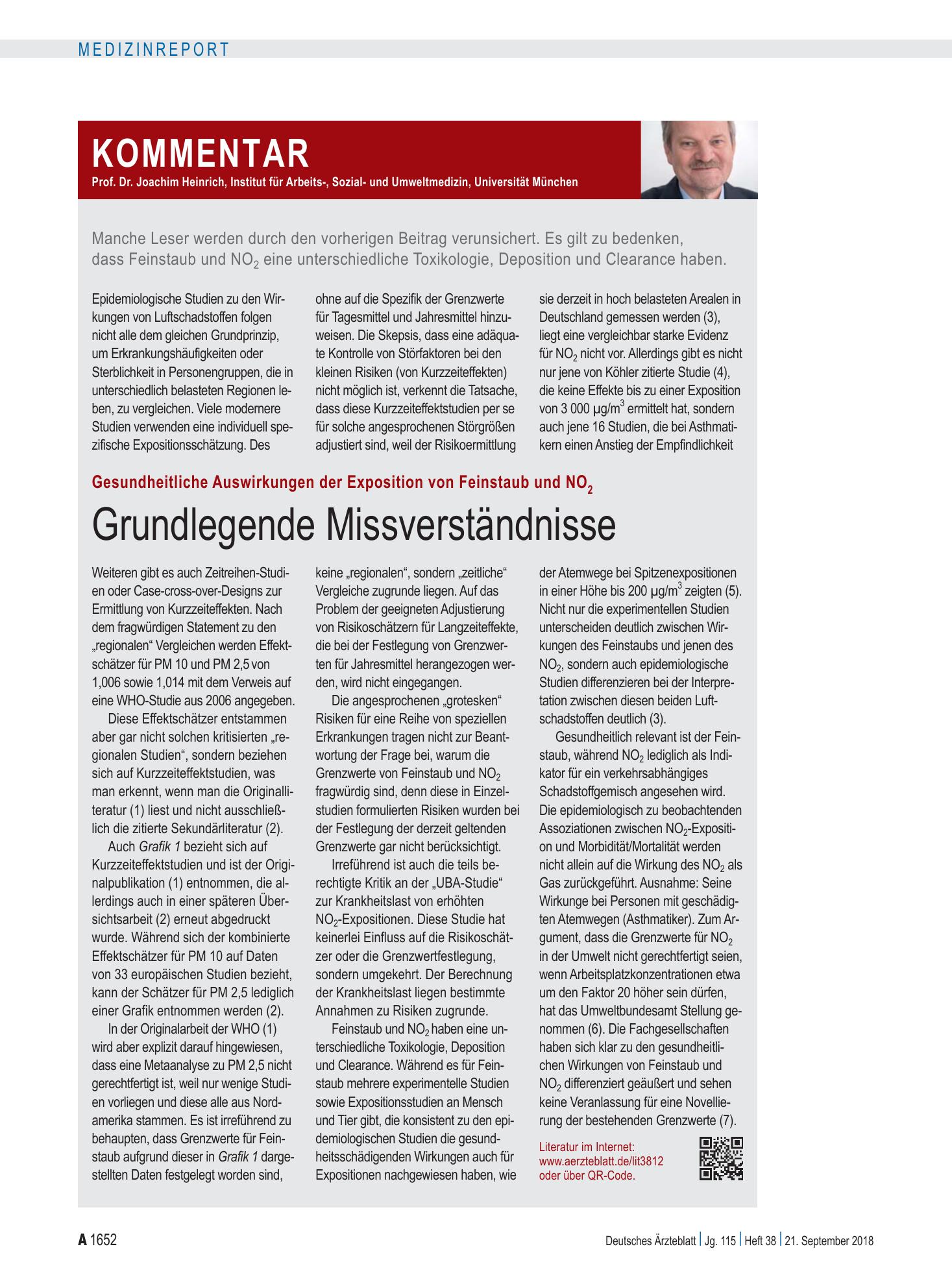 Vorschauseite 1: Kommentar: Gesundheitliche Auswirkungen der Exposition von Feinstaub und NO2 – Grundlegende Missverständnisse – Deutsches Ärzteblatt