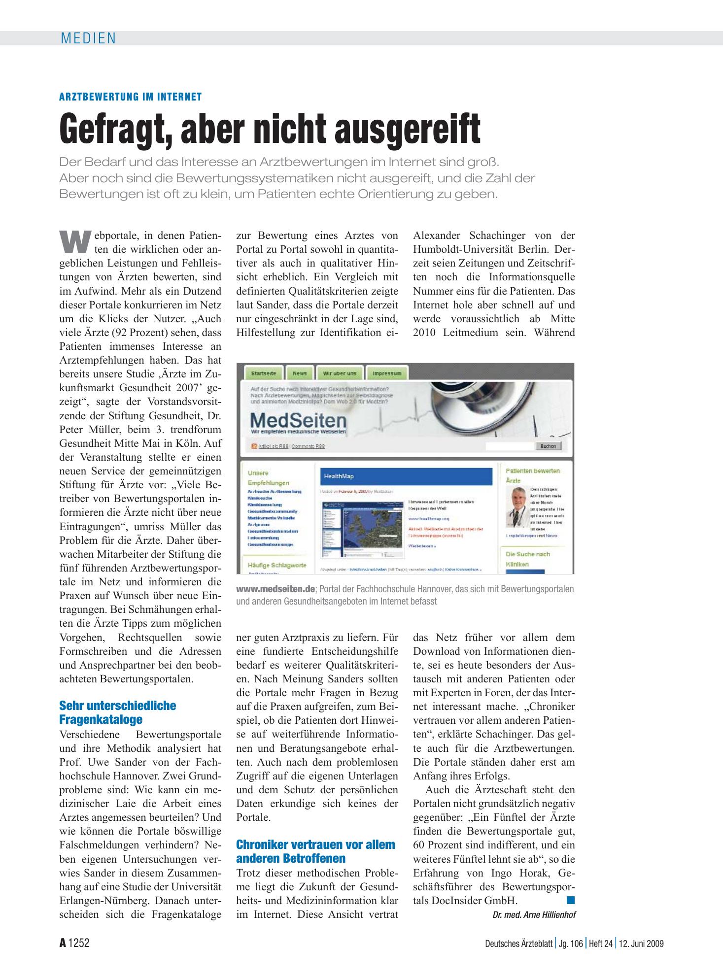 Vorschauseite 1: Arztbewertung im Internet: Gefragt, aber nicht ausgereift – Deutsches Ärzteblatt