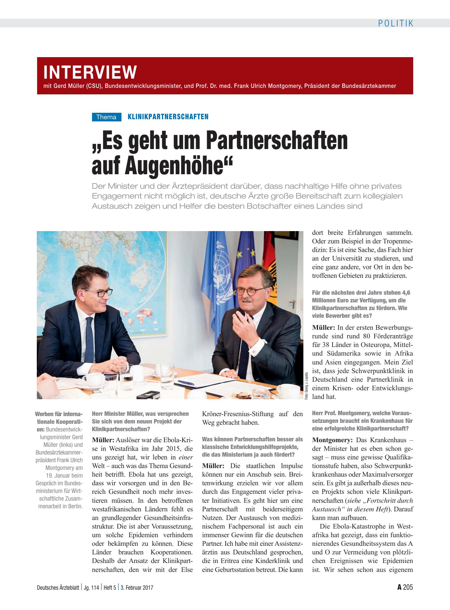 Vorschauseite 1: Klinikpartnerschaften: Interview mit Gerd Müller (CSU), Bundesentwicklungsminister und Prof. Dr. med. Frank Ulrich Montgomery, Präsident der Bundesärztekammer – „Es geht um Partne…
