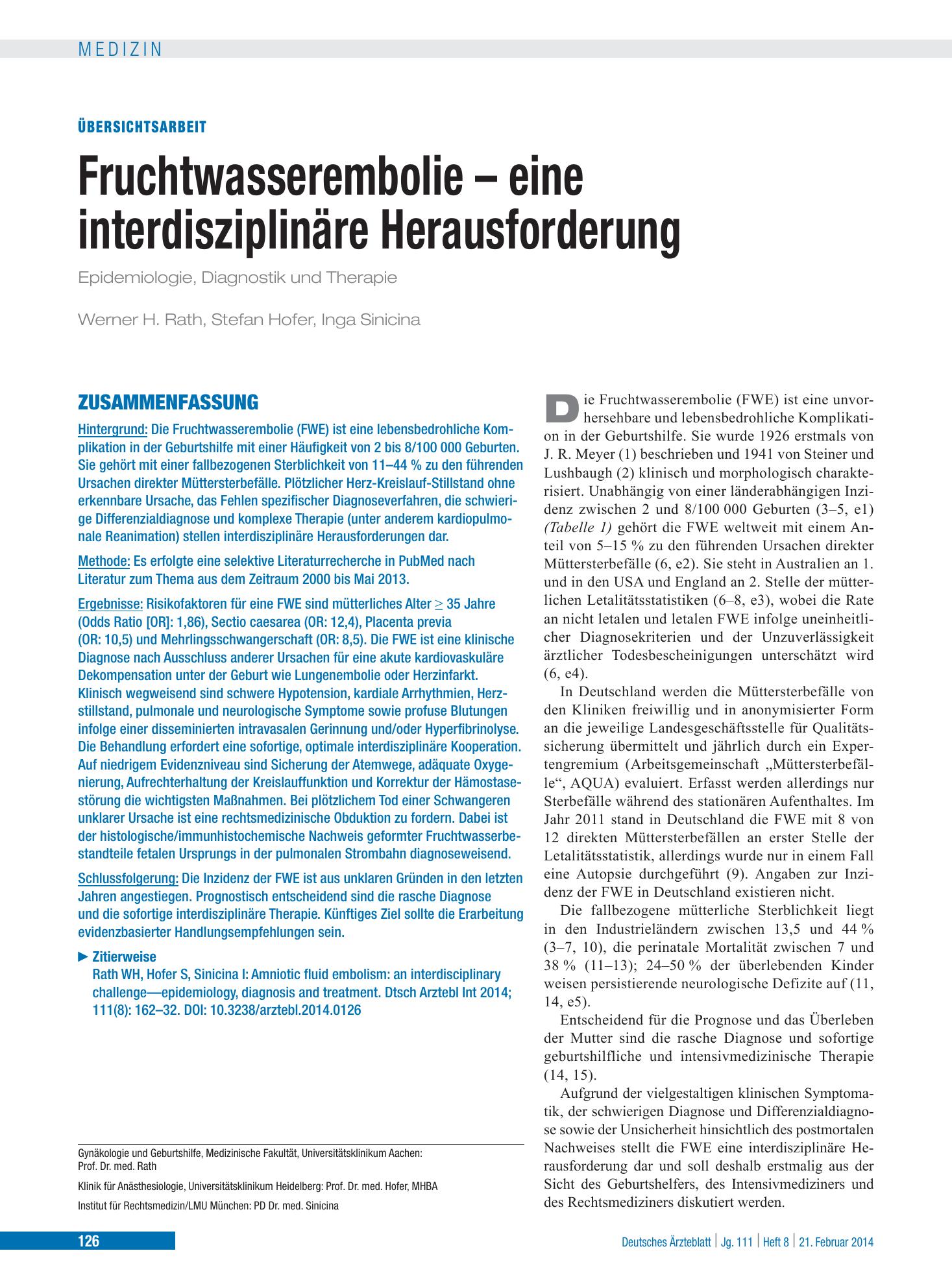 Vorschauseite 1: Fruchtwasserembolie – eine interdisziplinäre Herausforderung – Deutsches Ärzteblatt