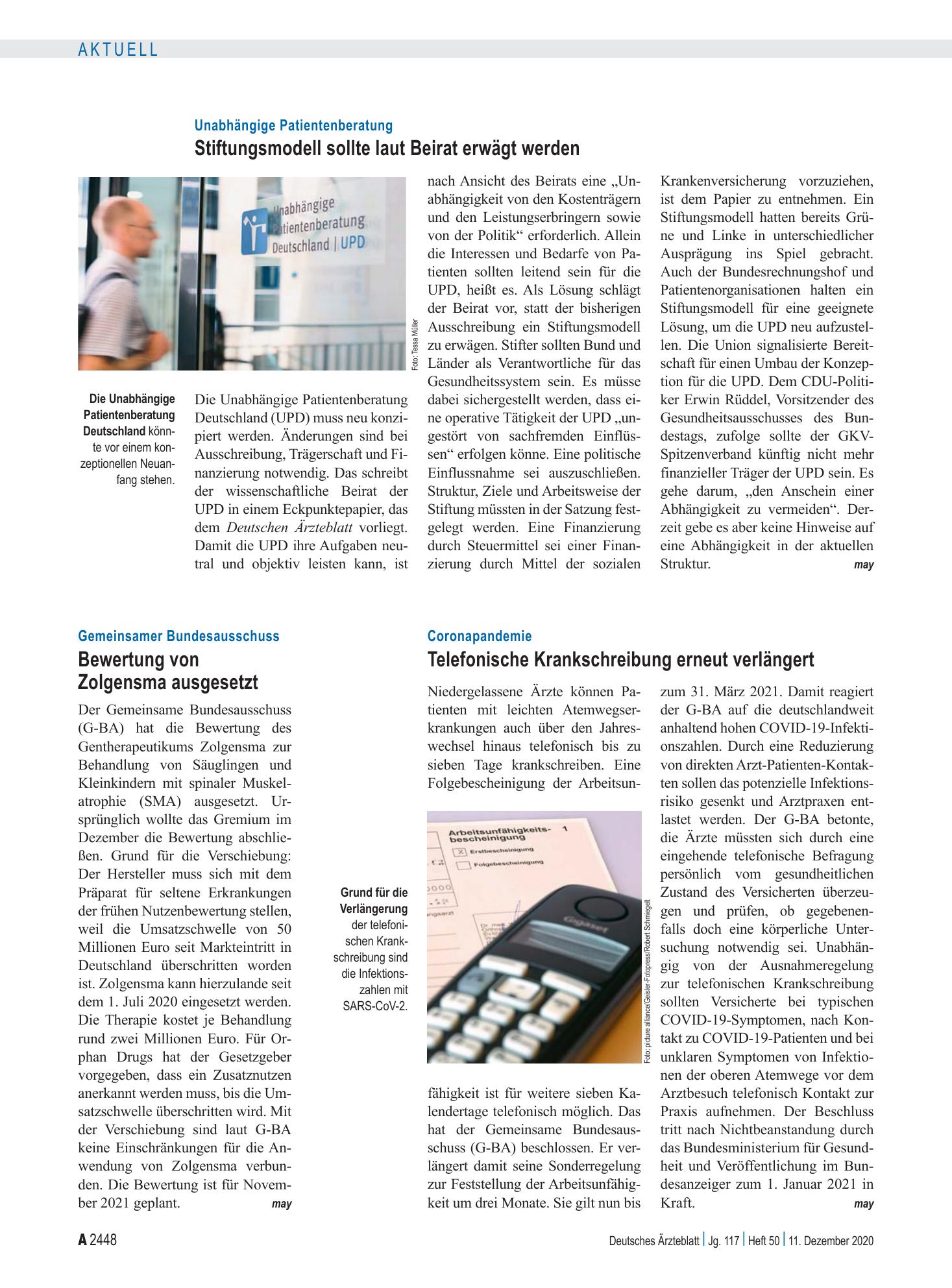 Vorschauseite 1: Coronapandemie: Telefonische Krankschreibung erneut verlängert – Deutsches Ärzteblatt