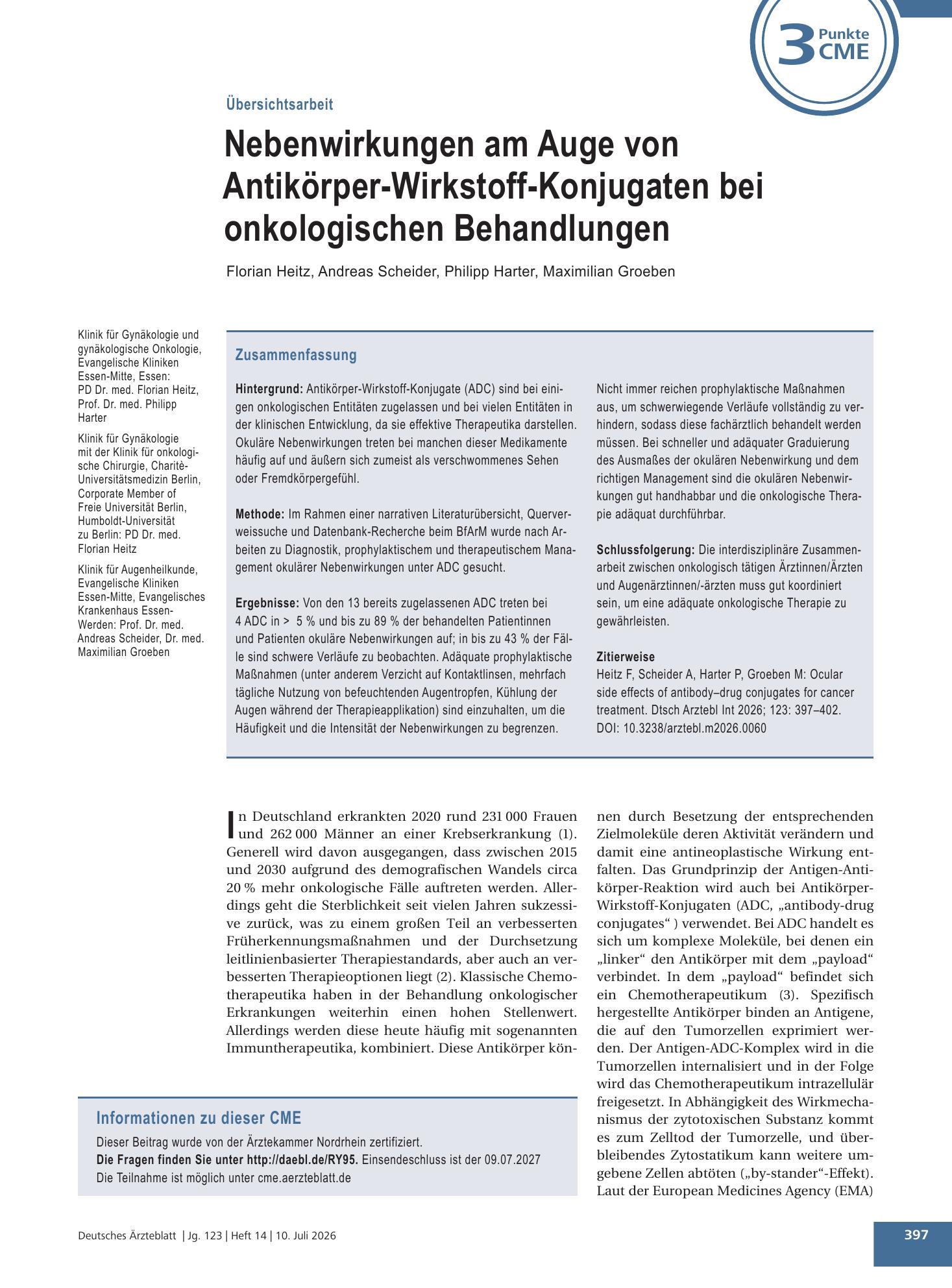 Vorschauseite 1: Nebenwirkungen am Auge von Antikörper-Wirkstoff-Konjugaten bei onkologischen Behandlungen – Deutsches Ärzteblatt
