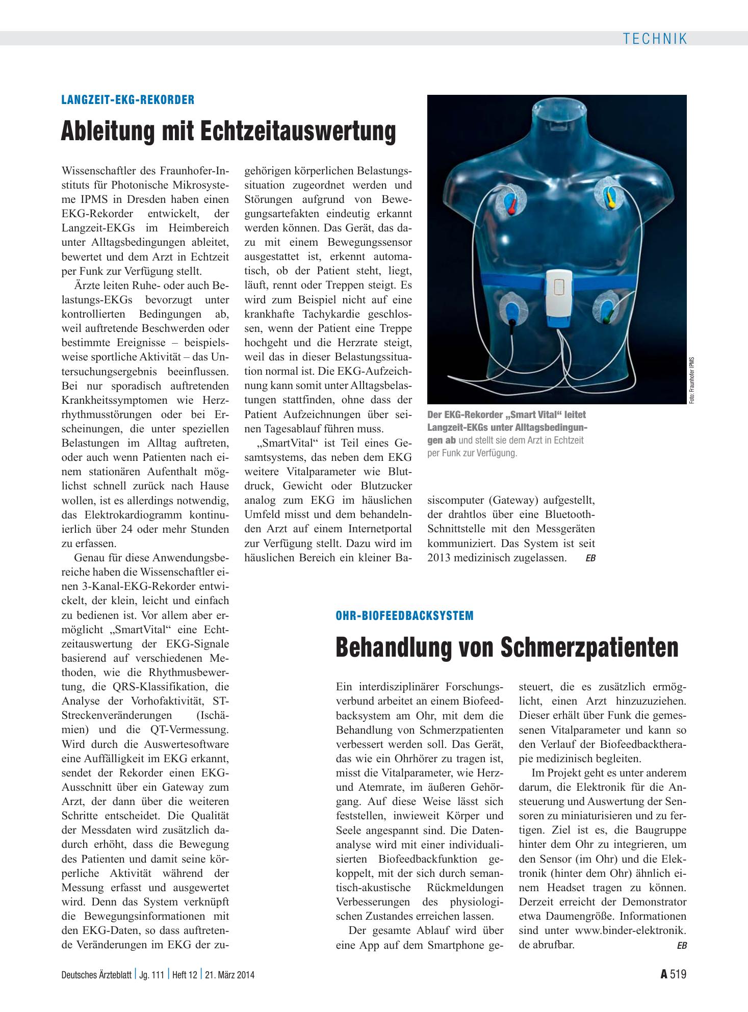 Vorschauseite 1: Ohr-Biofeedbacksystem: Behandlung von Schmerzpatienten – Deutsches Ärzteblatt