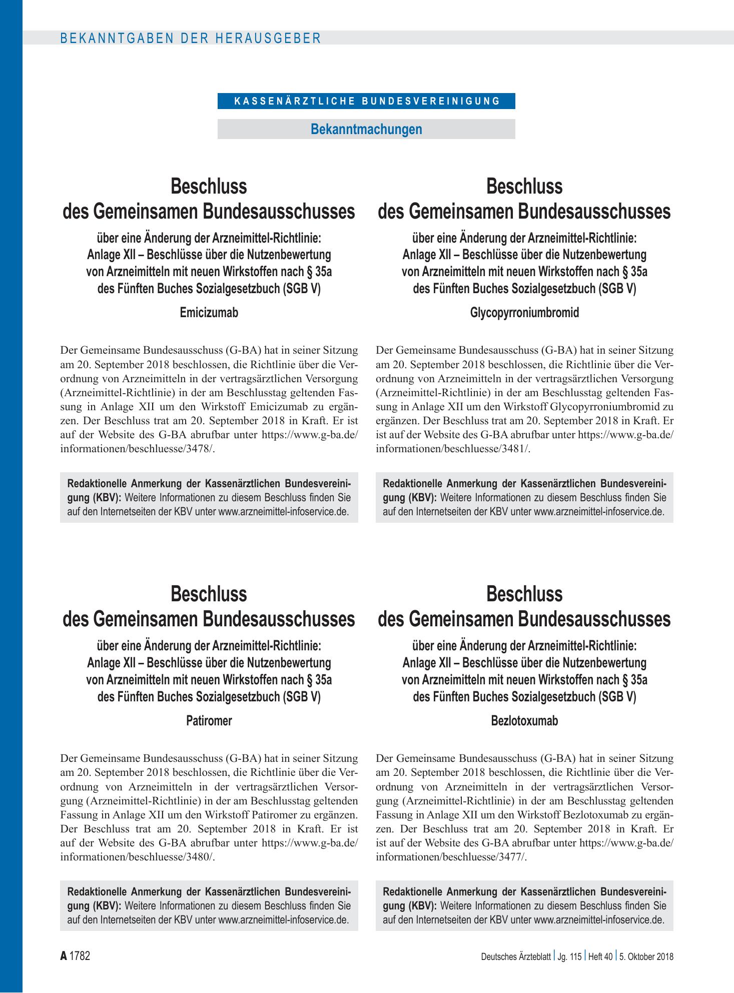 Vorschauseite 1: Beschluss des Gemeinsamen Bundesausschusses über eine Änderung der Arzneimittel-Richtlinie: Anlage XII – Bezlotoxumab – Deutsches Ärzteblatt