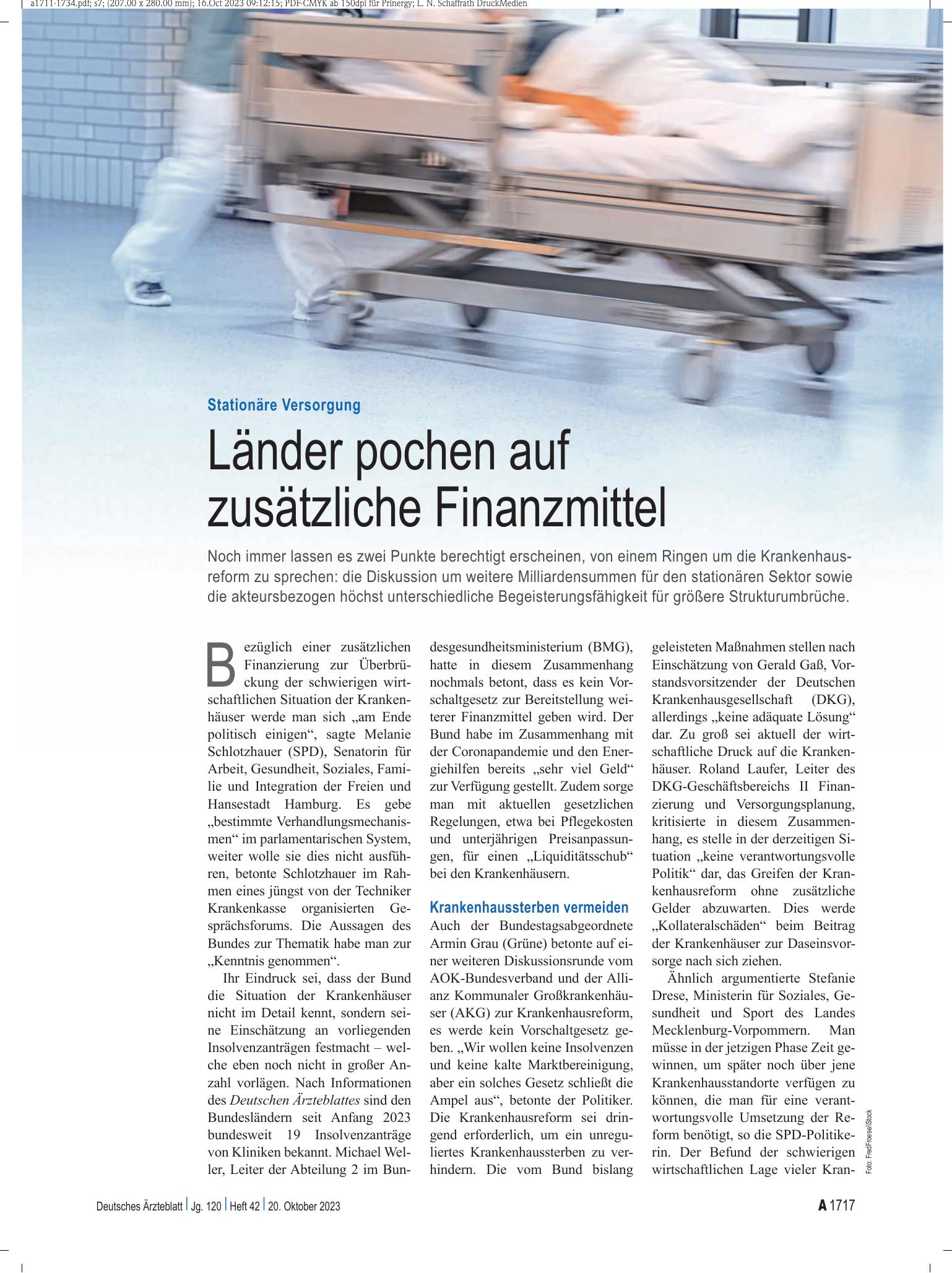 Vorschauseite 1: Stationäre Versorgung: Länder pochen auf zusätzliche Finanzmittel – Deutsches Ärzteblatt