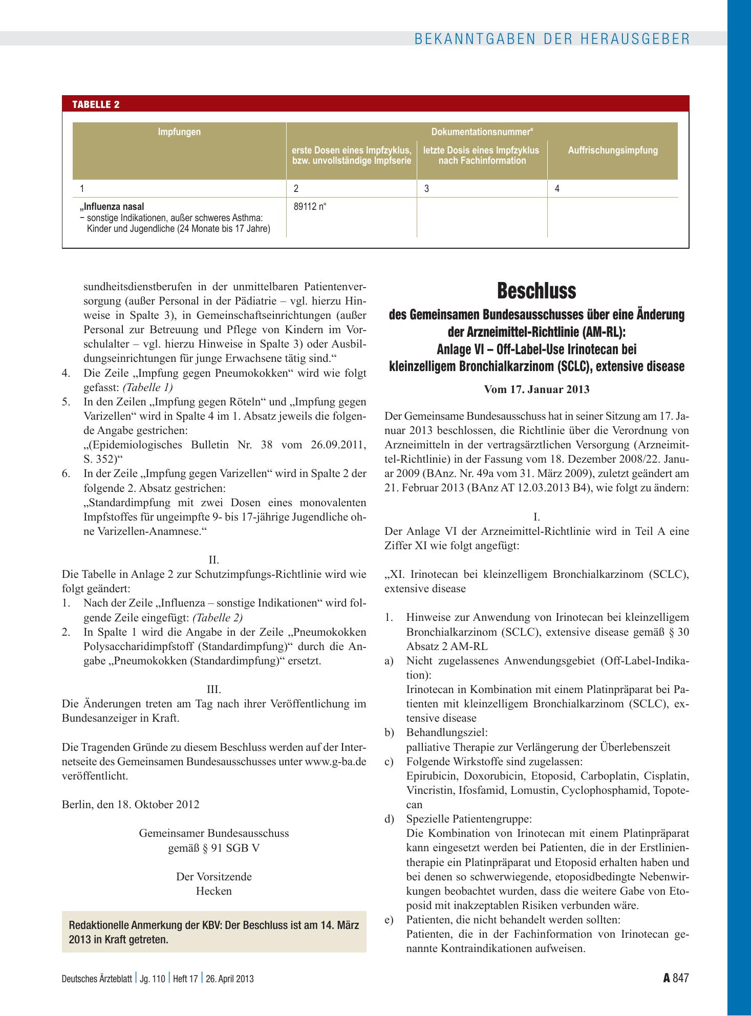Vorschauseite 1: Beschluss des Gemeinsamen Bundesausschusses über eine Änderung der Arzneimittel-Richtlinie (AM-RL) : Anlage VI – Off-Label-Use Irinotecan bei kleinzelligem Bronchialkarzinom (SCLC…