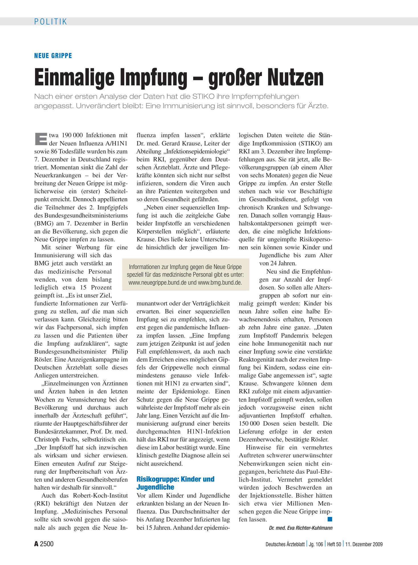 Vorschauseite 1: Neue Grippe: Einmalige Impfung – großer Nutzen – Deutsches Ärzteblatt