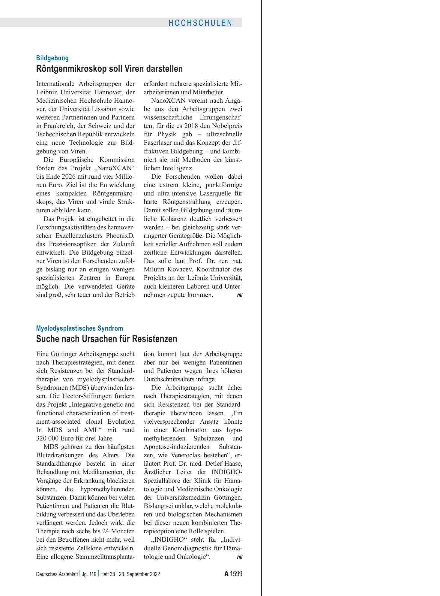 Vorschauseite 1: Myelodysplastisches Syndrom: Suche nach Ursachen für Resistenzen – Deutsches Ärzteblatt