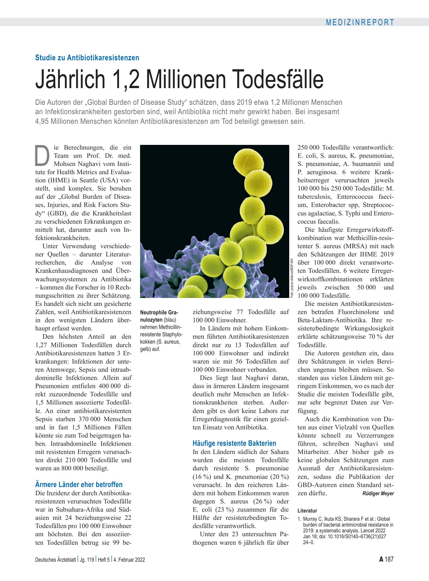 Vorschauseite 1: Studie zu Antibiotikaresistenzen: Jährlich 1,2 Millionen Todesfälle – Deutsches Ärzteblatt