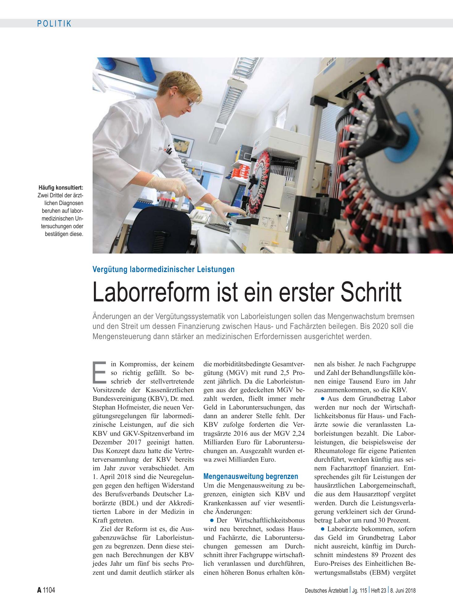 Vorschauseite 1: Vergütung labormedizinischer Leistungen: Laborreform ist ein erster Schritt – Deutsches Ärzteblatt
