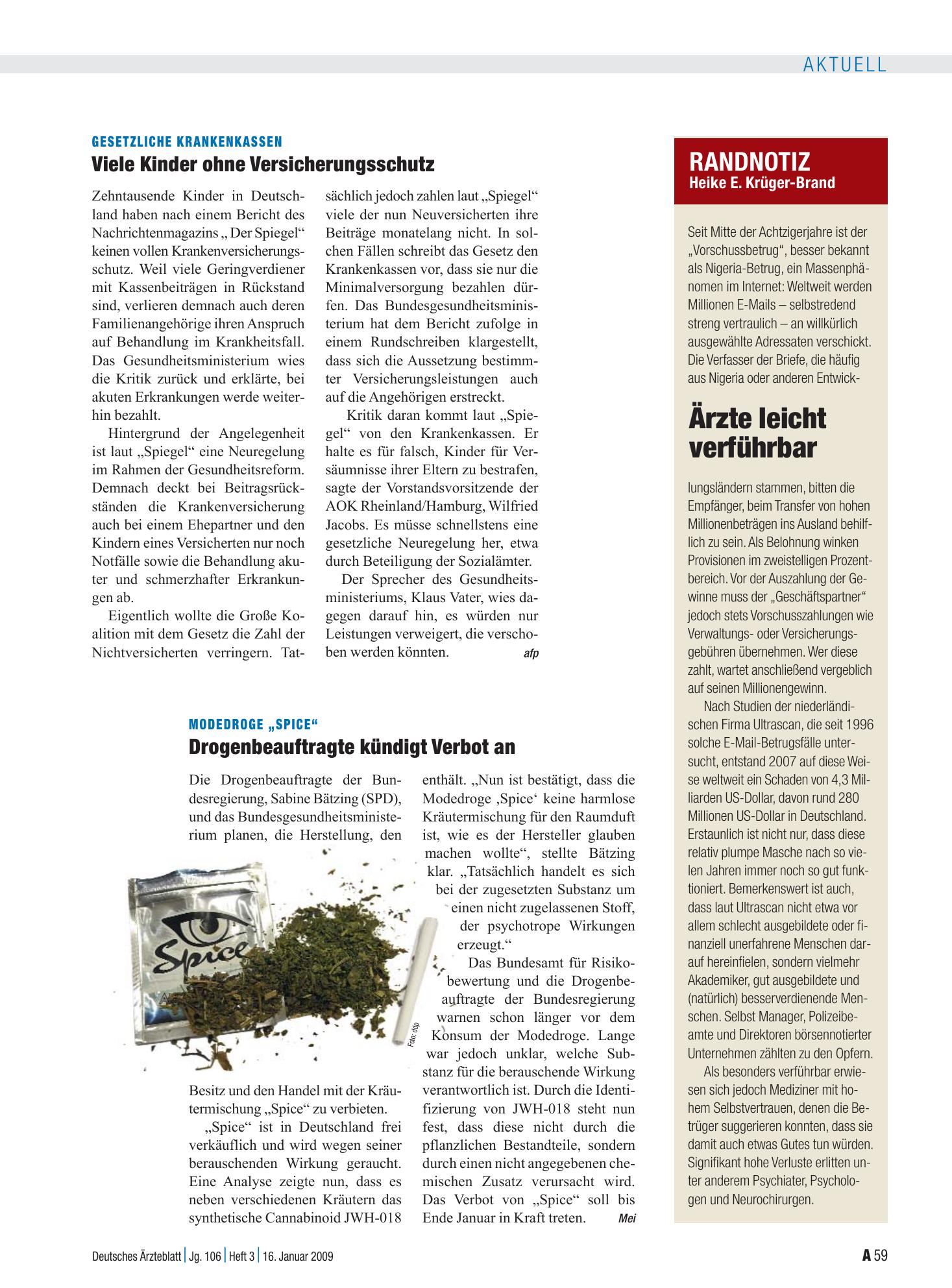 Vorschauseite 1: Modedroge „Spice“: Drogenbeauftragte kündigt Verbot an – Deutsches Ärzteblatt