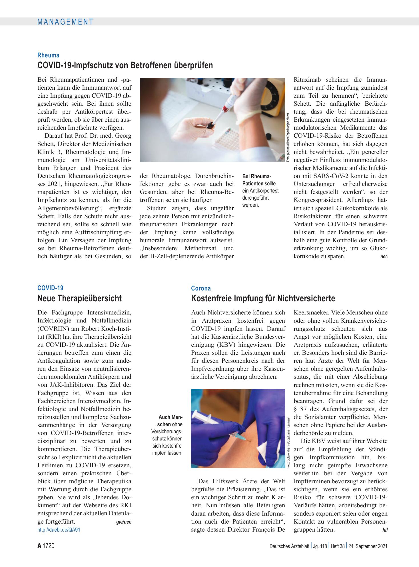 Vorschauseite 1: Corona: Kostenfreie Impfung für Nichtversicherte – Deutsches Ärzteblatt