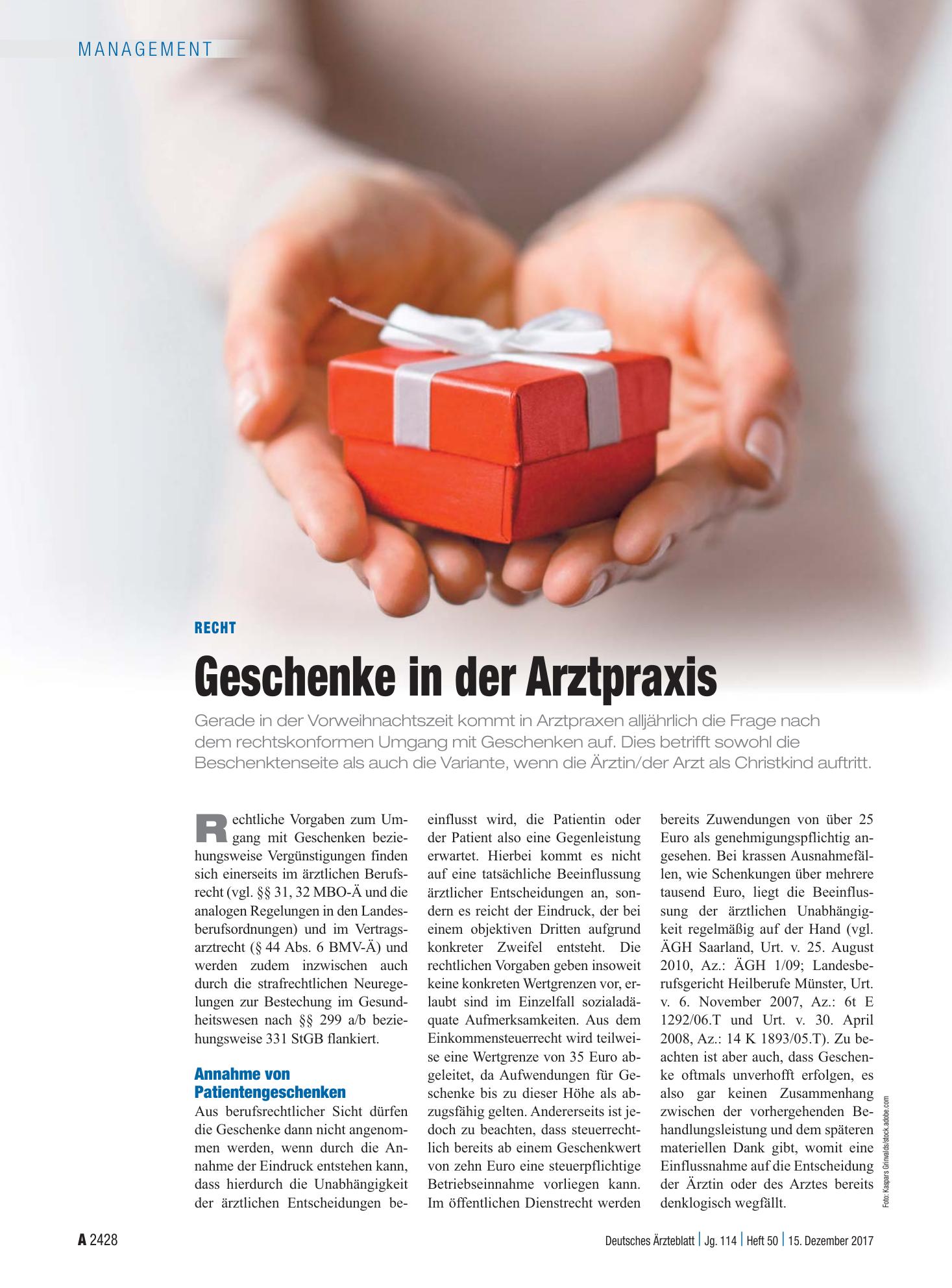 Vorschauseite 1: Recht: Geschenke in der Arztpraxis – Deutsches Ärzteblatt